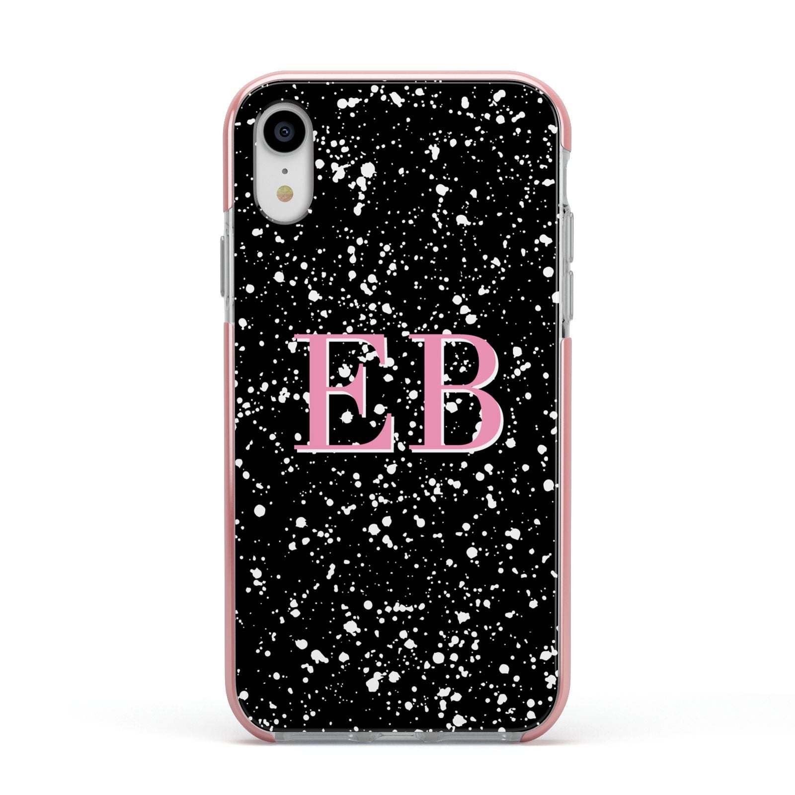 Personalised Black Ink Splat Initials Apple iPhone XR Impact Case Pink Edge on Silver Phone