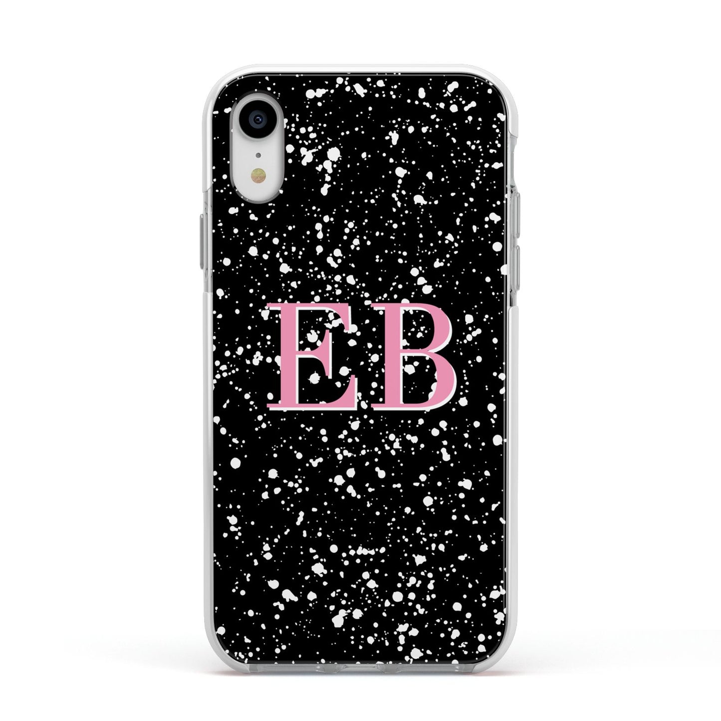 Personalised Black Ink Splat Initials Apple iPhone XR Impact Case White Edge on Silver Phone