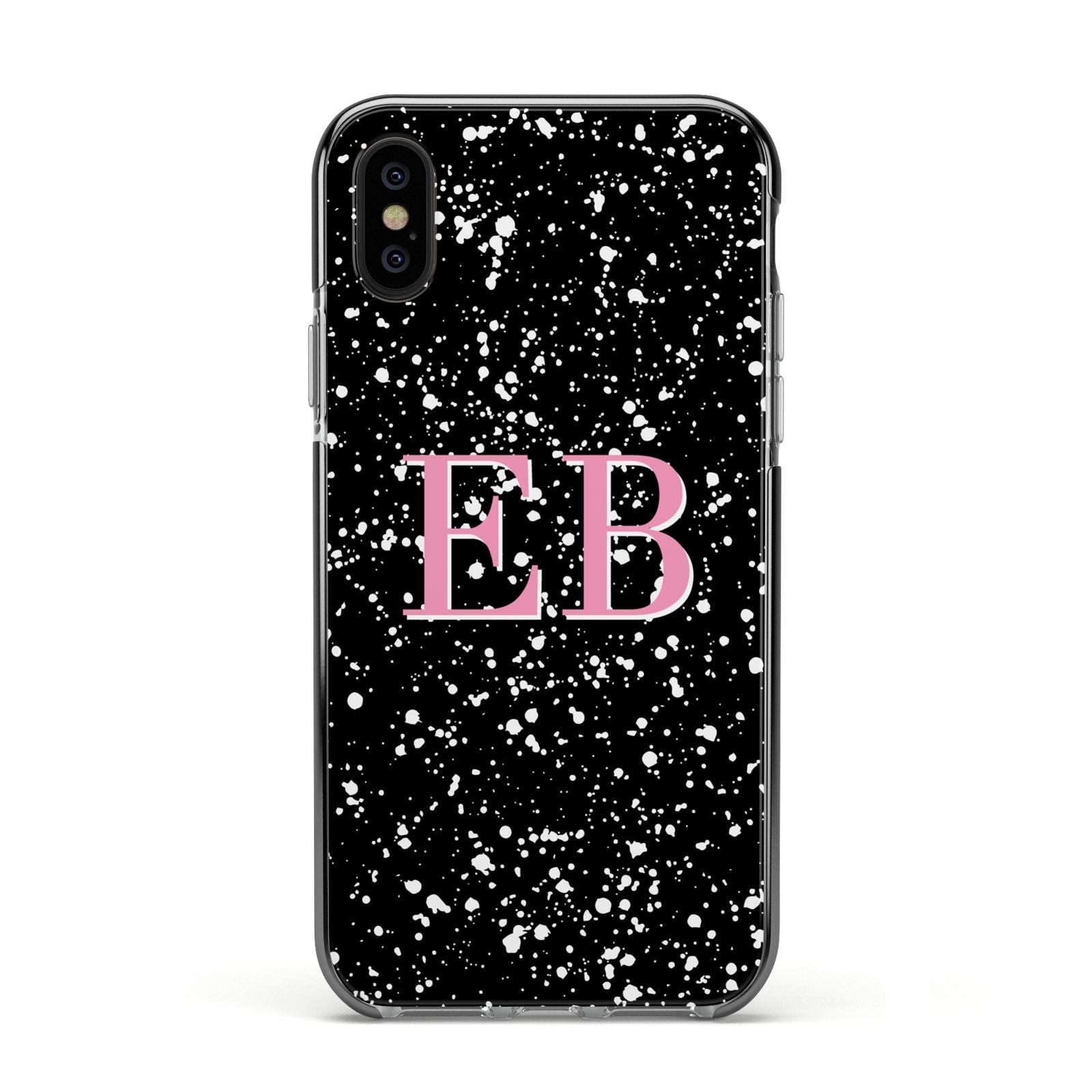 Personalised Black Ink Splat Initials Apple iPhone Xs Impact Case Black Edge on Black Phone