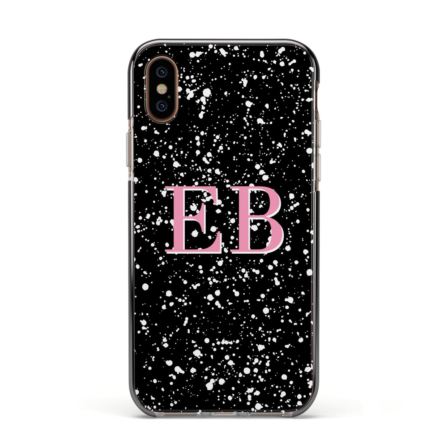 Personalised Black Ink Splat Initials Apple iPhone Xs Impact Case Black Edge on Gold Phone