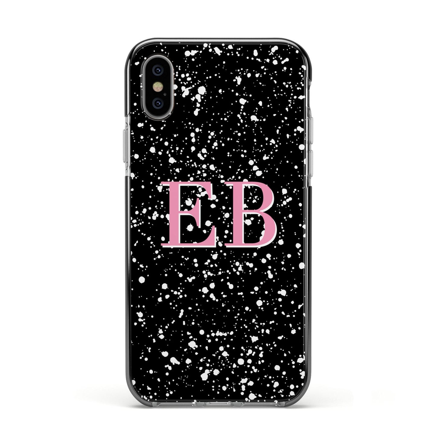 Personalised Black Ink Splat Initials Apple iPhone Xs Impact Case Black Edge on Silver Phone