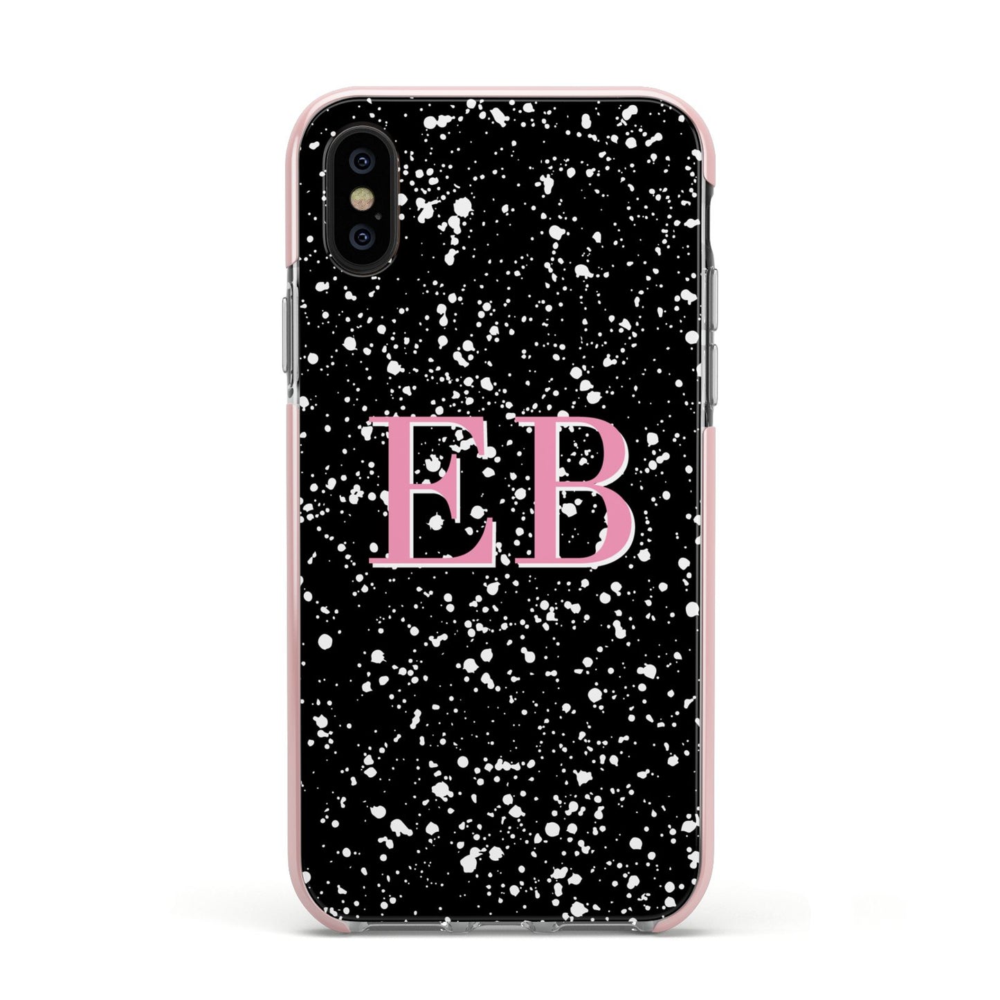 Personalised Black Ink Splat Initials Apple iPhone Xs Impact Case Pink Edge on Black Phone