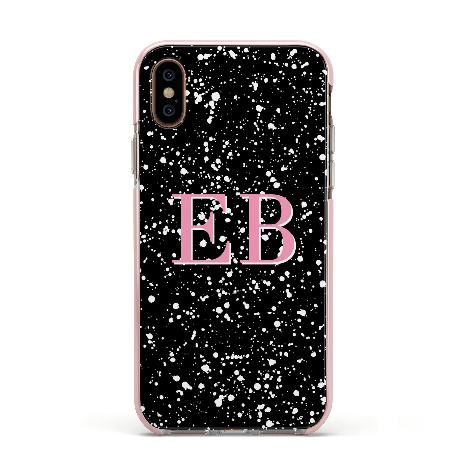 Personalised Black Ink Splat Initials Apple iPhone Xs Impact Case Pink Edge on Gold Phone