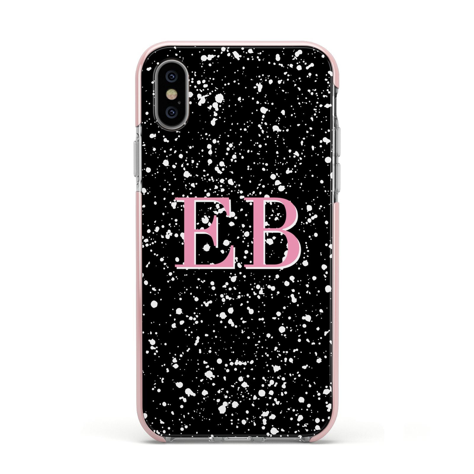 Personalised Black Ink Splat Initials Apple iPhone Xs Impact Case Pink Edge on Silver Phone