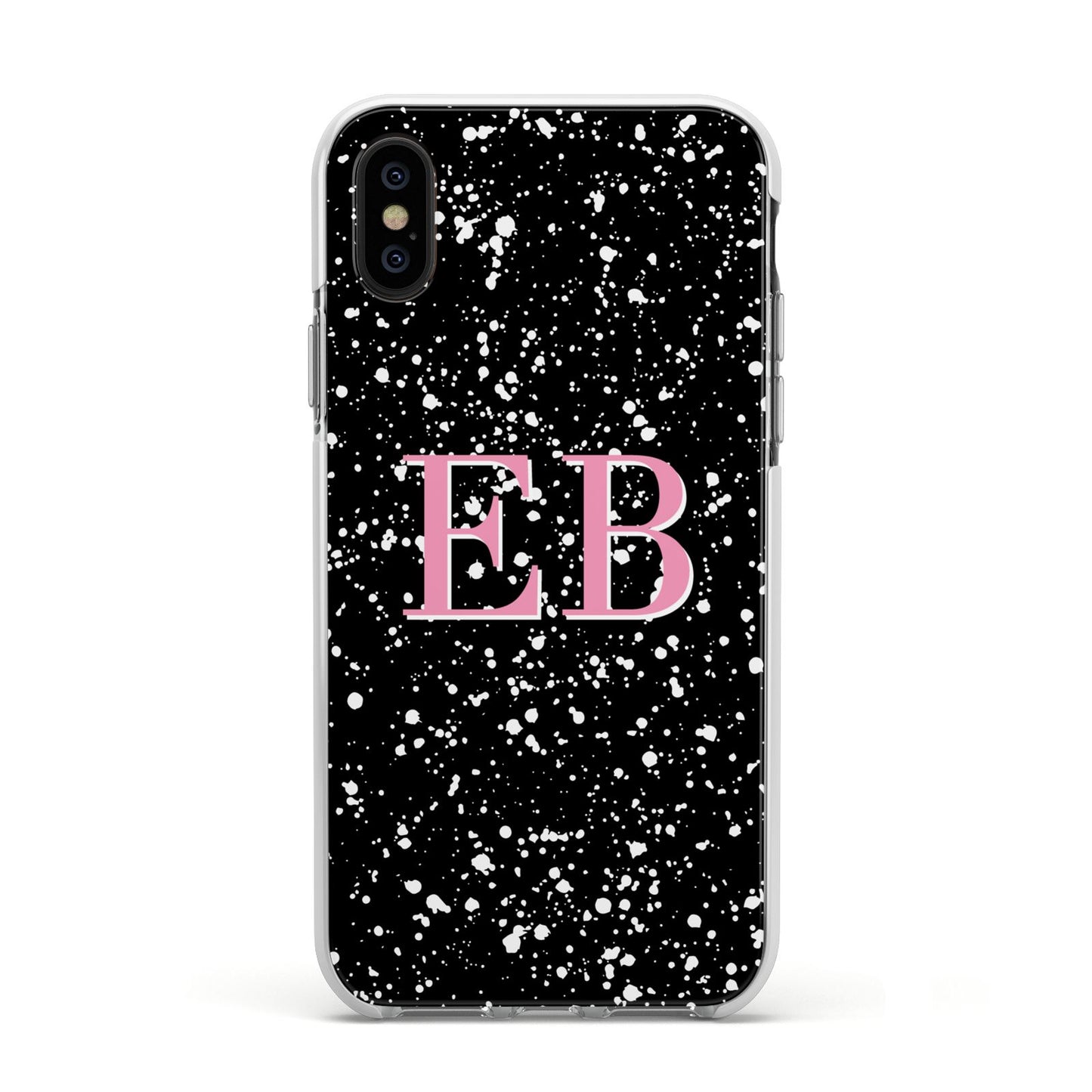 Personalised Black Ink Splat Initials Apple iPhone Xs Impact Case White Edge on Black Phone