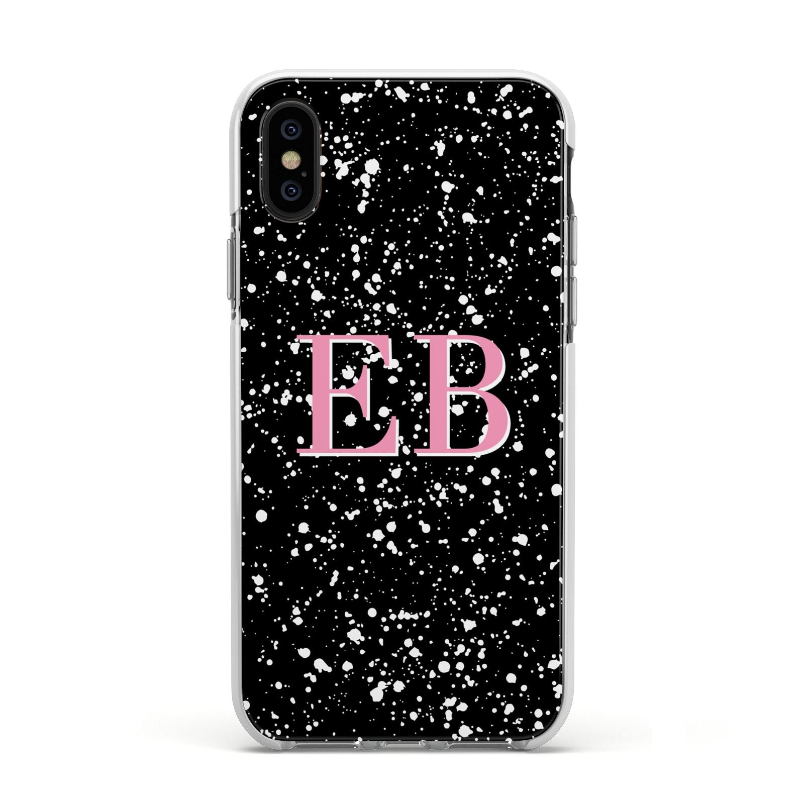 Personalised Black Ink Splat Initials Apple iPhone Xs Impact Case White Edge on Black Phone