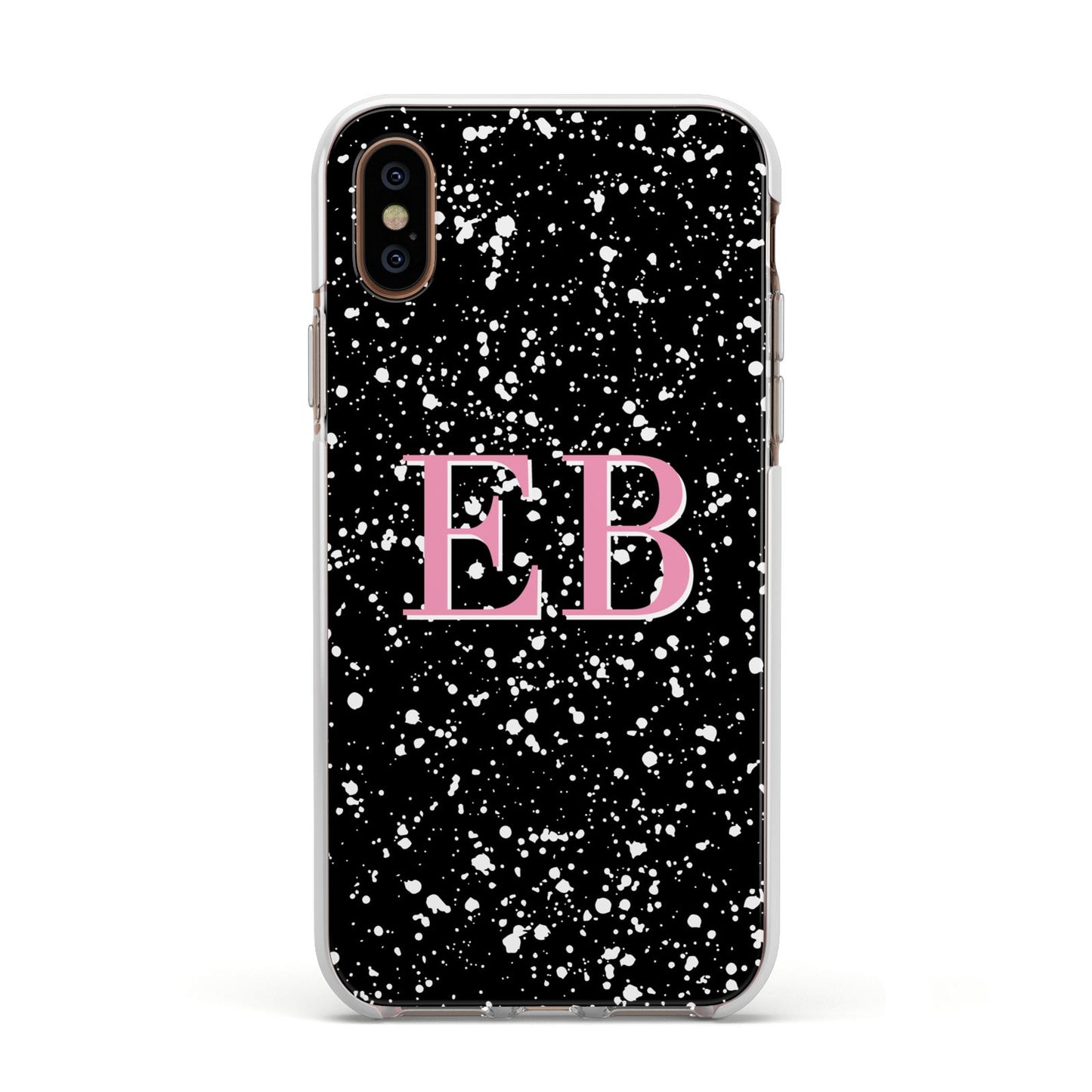 Personalised Black Ink Splat Initials Apple iPhone Xs Impact Case White Edge on Gold Phone