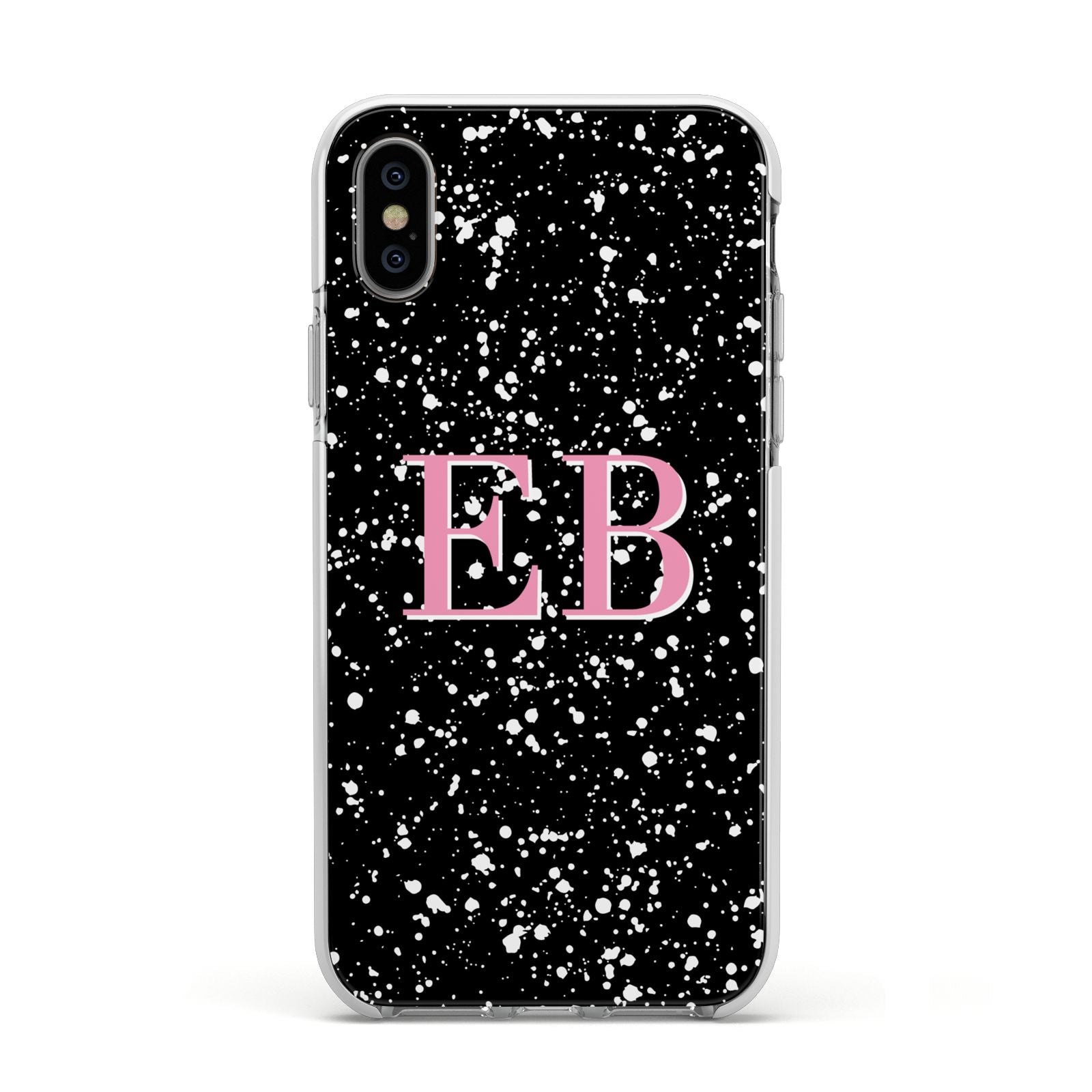 Personalised Black Ink Splat Initials Apple iPhone Xs Impact Case White Edge on Silver Phone