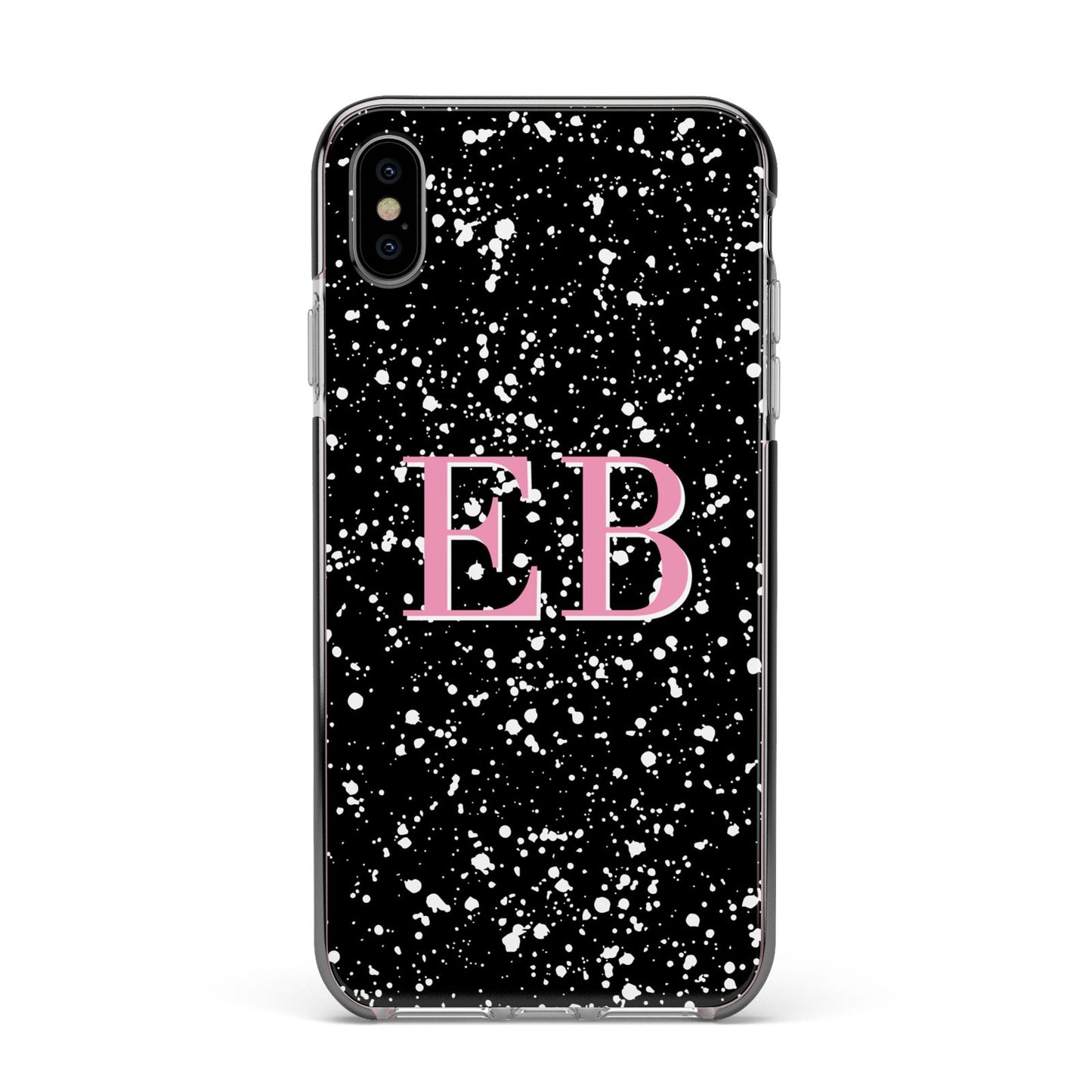 Personalised Black Ink Splat Initials Apple iPhone Xs Max Impact Case Black Edge on Silver Phone