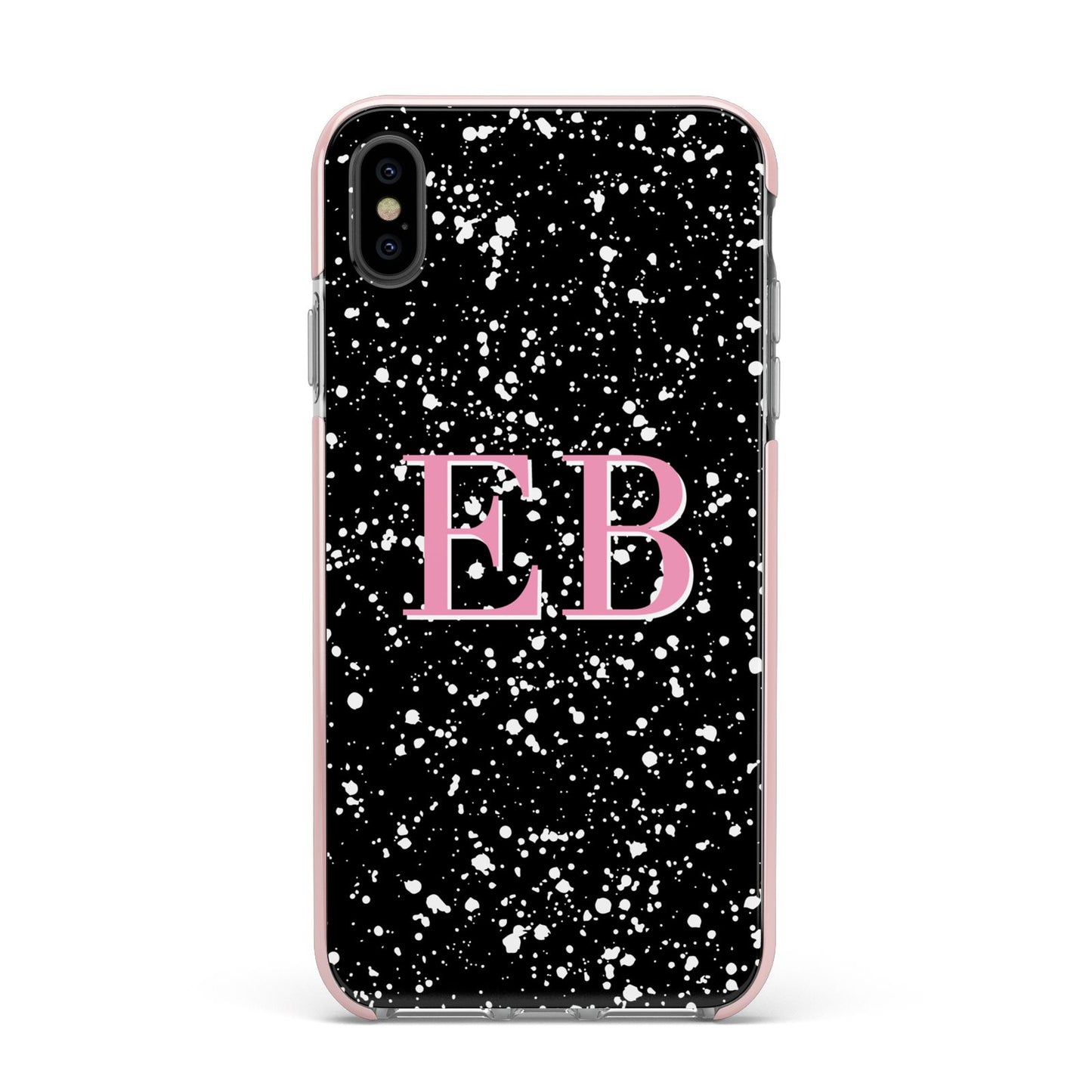 Personalised Black Ink Splat Initials Apple iPhone Xs Max Impact Case Pink Edge on Black Phone