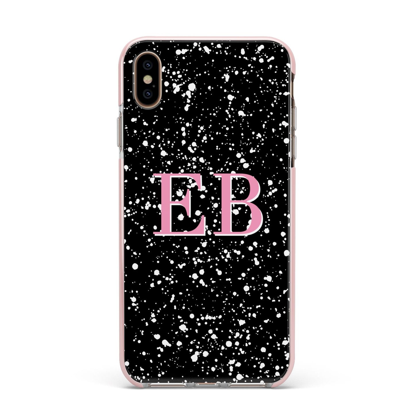 Personalised Black Ink Splat Initials Apple iPhone Xs Max Impact Case Pink Edge on Gold Phone