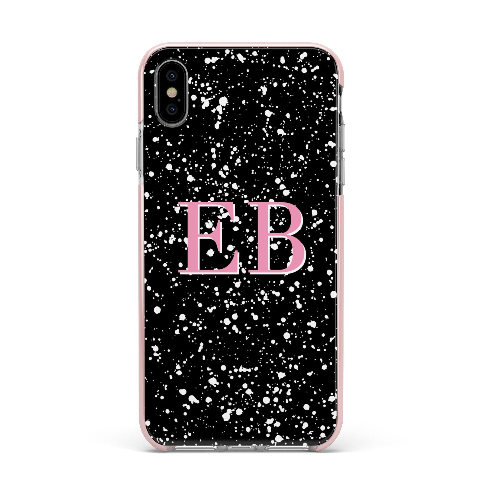 Personalised Black Ink Splat Initials Apple iPhone Xs Max Impact Case Pink Edge on Silver Phone