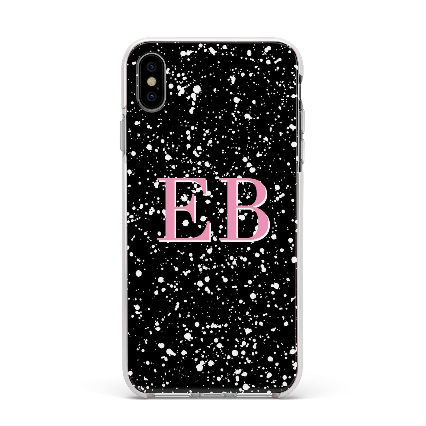 Personalised Black Ink Splat Initials Apple iPhone Xs Max Impact Case White Edge on Silver Phone