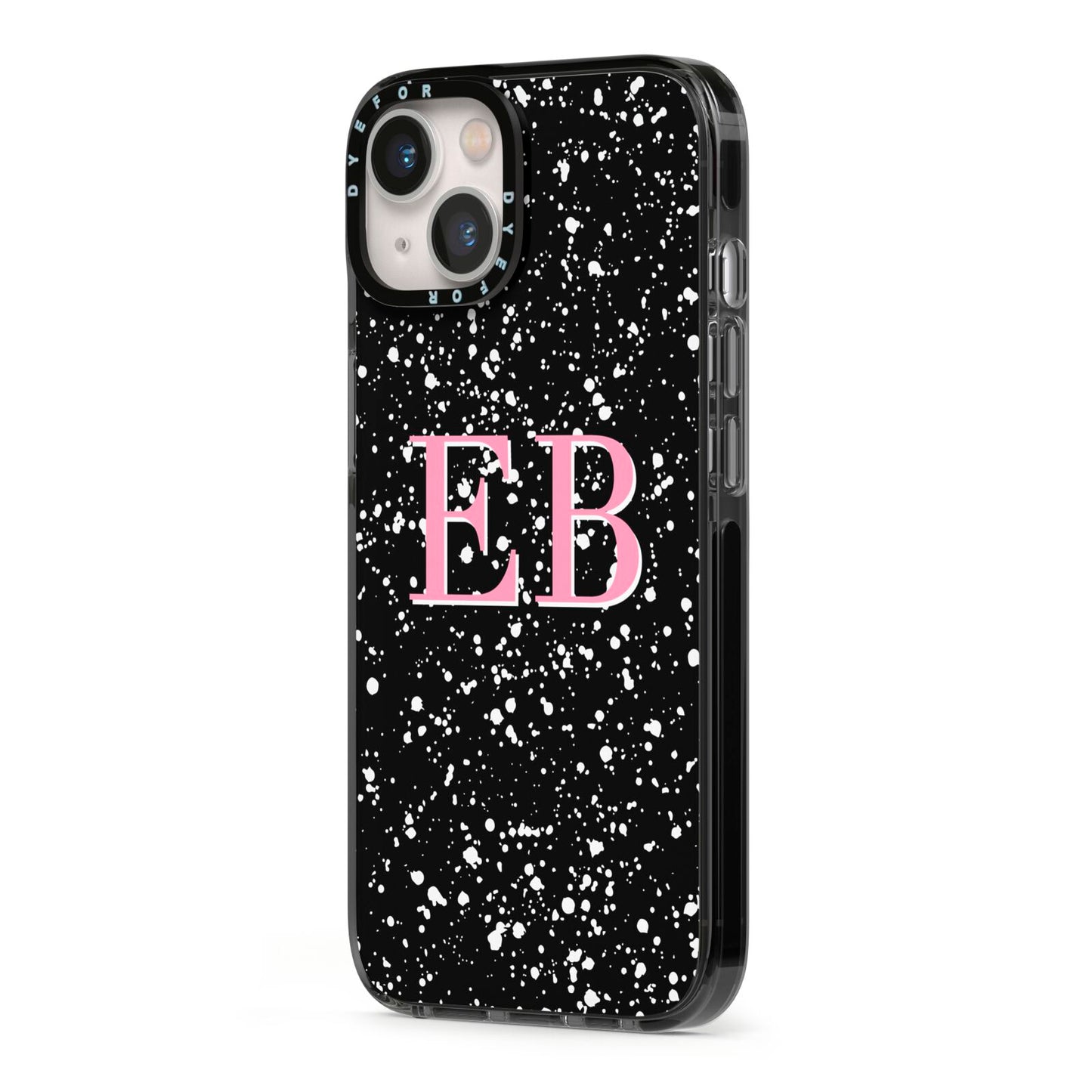 Personalised Black Ink Splat Initials iPhone 13 Black Impact Case Side Angle on Silver phone