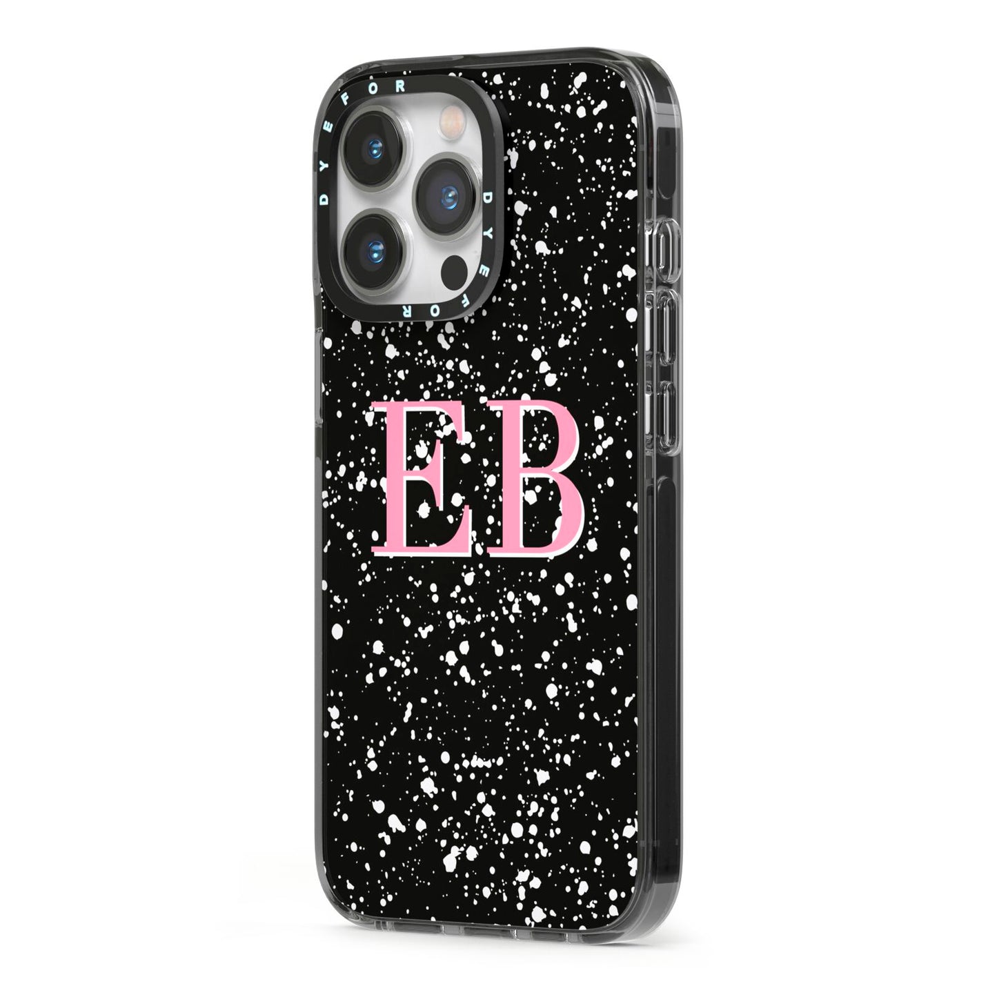 Personalised Black Ink Splat Initials iPhone 13 Pro Black Impact Case Side Angle on Silver phone