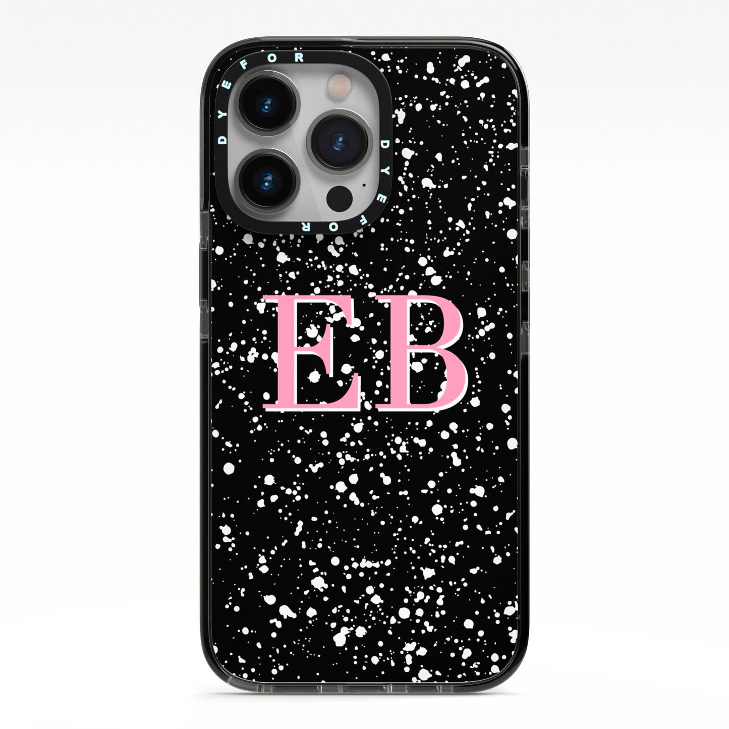 Personalised Black Ink Splat Initials iPhone 13 Pro Black Impact Case on Silver phone