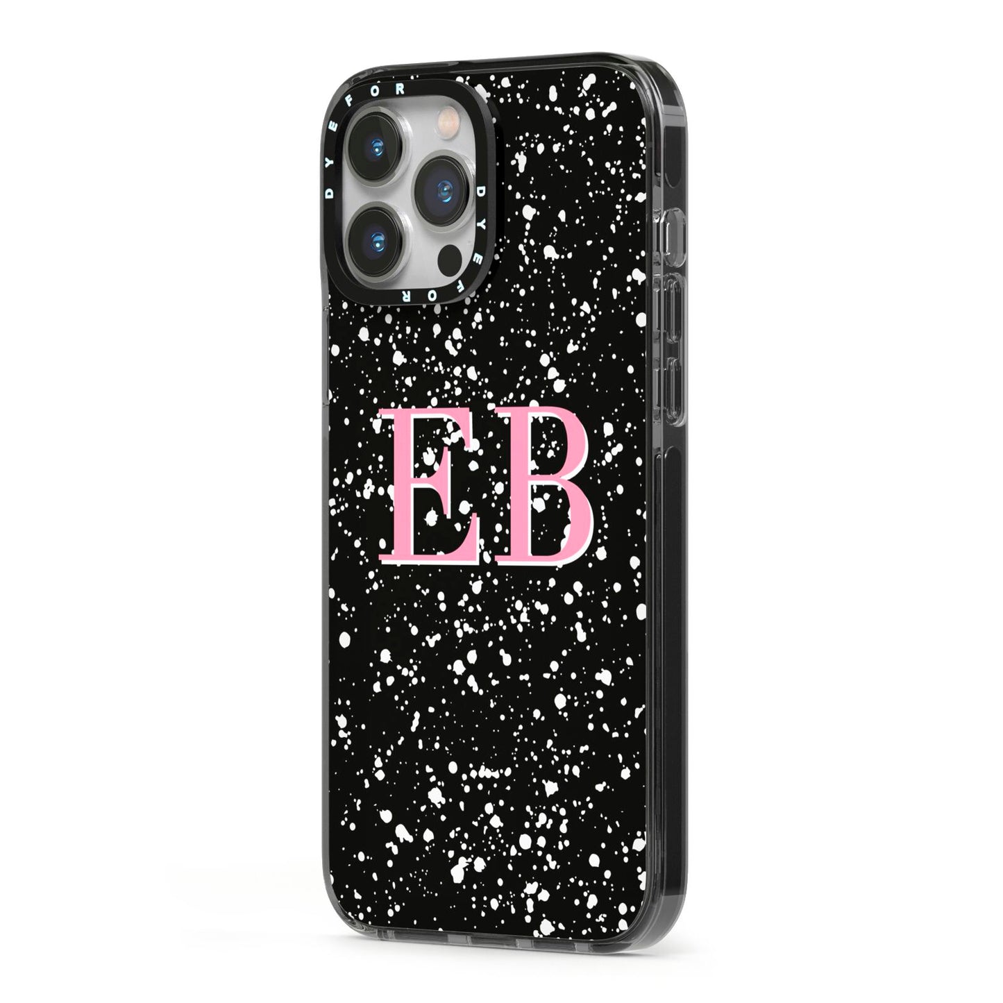 Personalised Black Ink Splat Initials iPhone 13 Pro Max Black Impact Case Side Angle on Silver phone