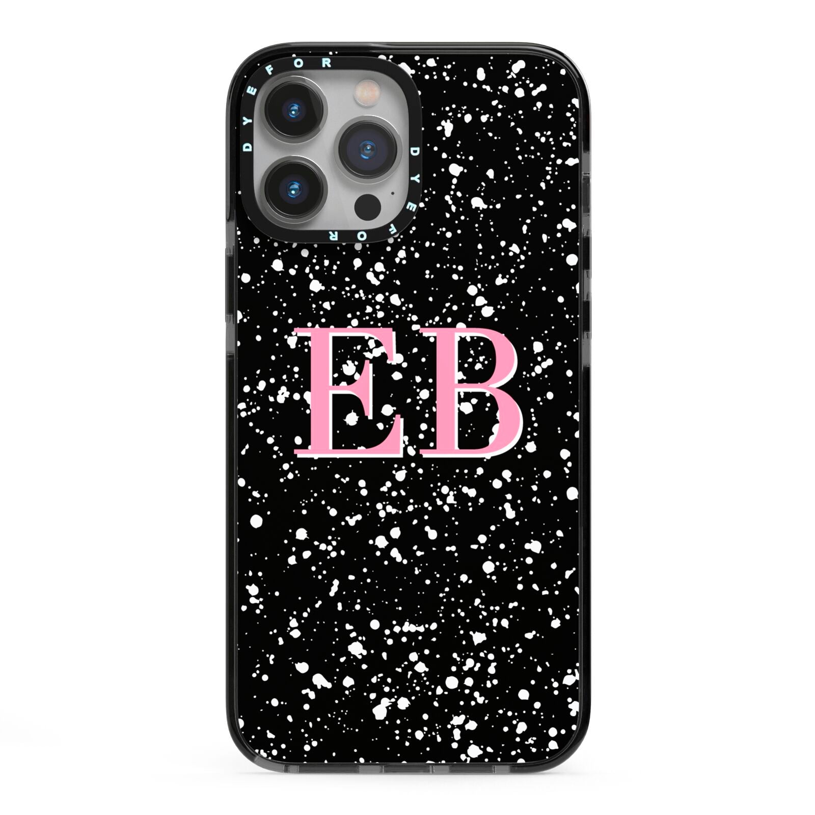 Personalised Black Ink Splat Initials iPhone 13 Pro Max Black Impact Case on Silver phone