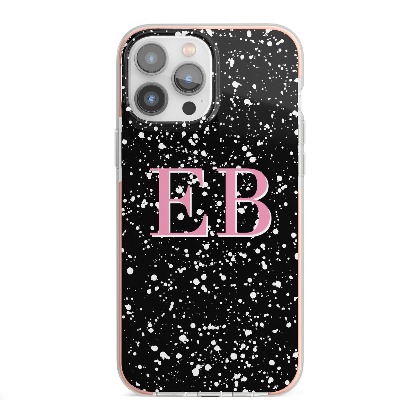 Personalised Black Ink Splat Initials iPhone 13 Pro Max TPU Impact Case with Pink Edges