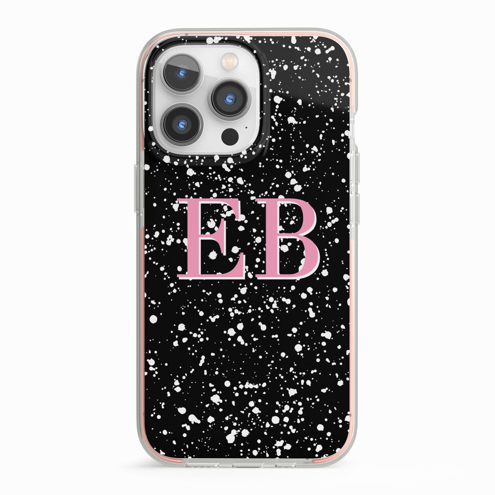 Personalised Black Ink Splat Initials iPhone 13 Pro TPU Impact Case with Pink Edges