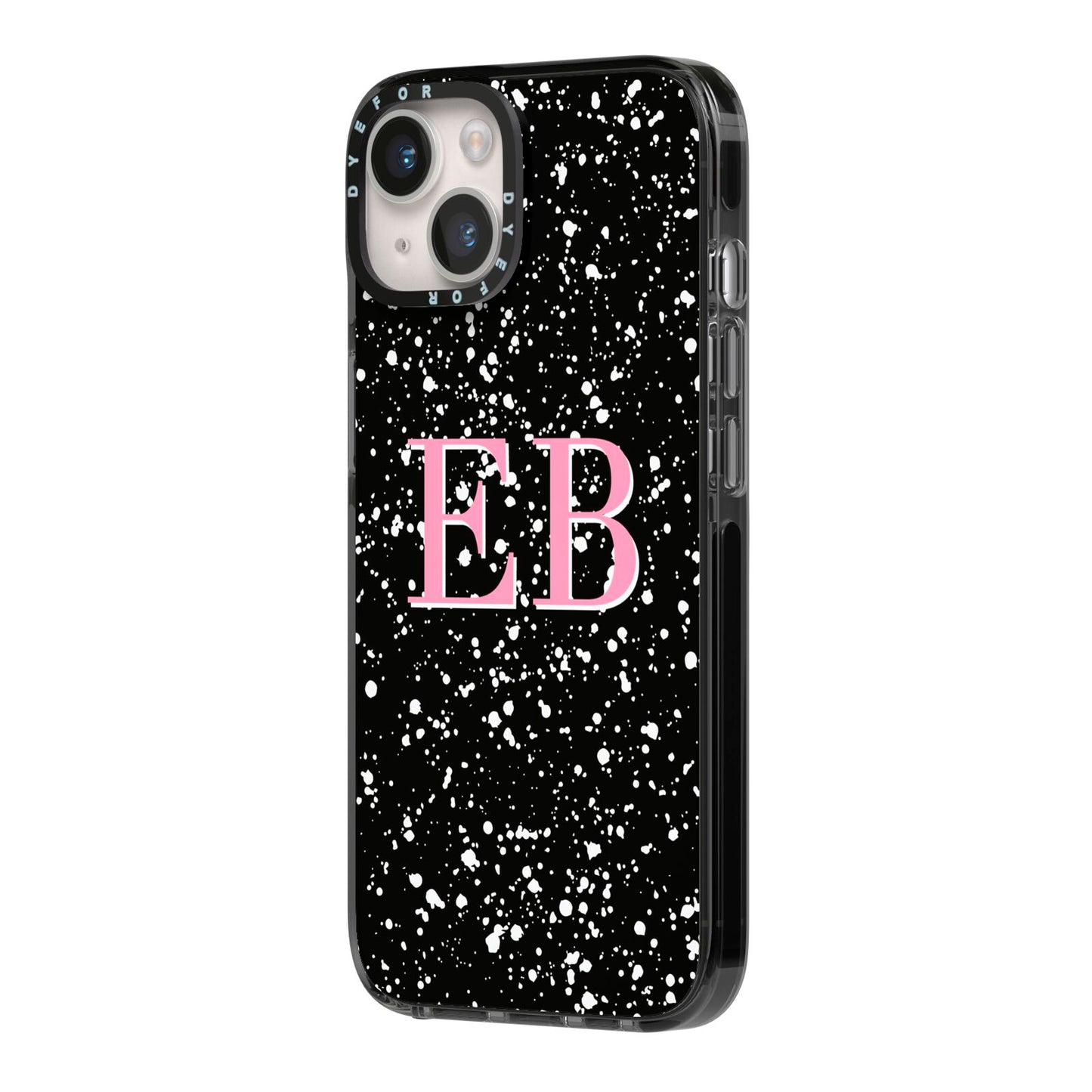 Personalised Black Ink Splat Initials iPhone 14 Black Impact Case Side Angle on Silver phone