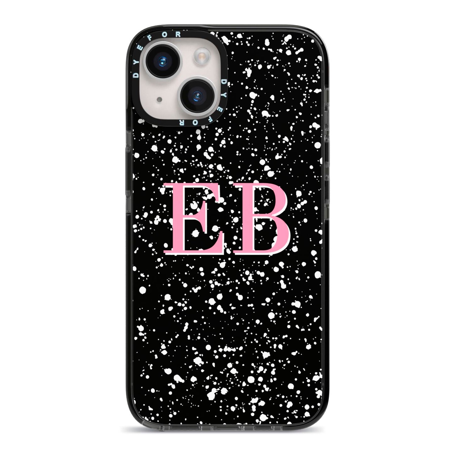 Personalised Black Ink Splat Initials iPhone 14 Black Impact Case on Silver phone