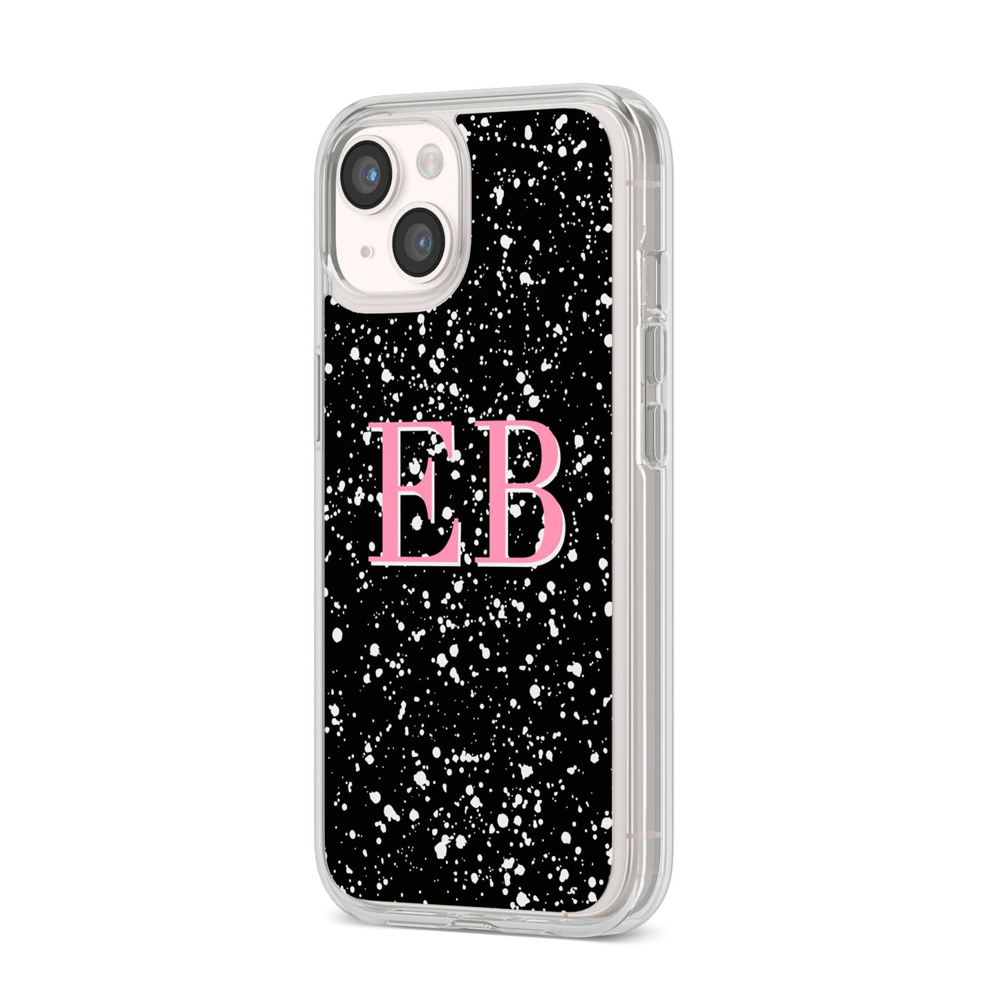 Personalised Black Ink Splat Initials iPhone 14 Clear Tough Case Starlight Angled Image