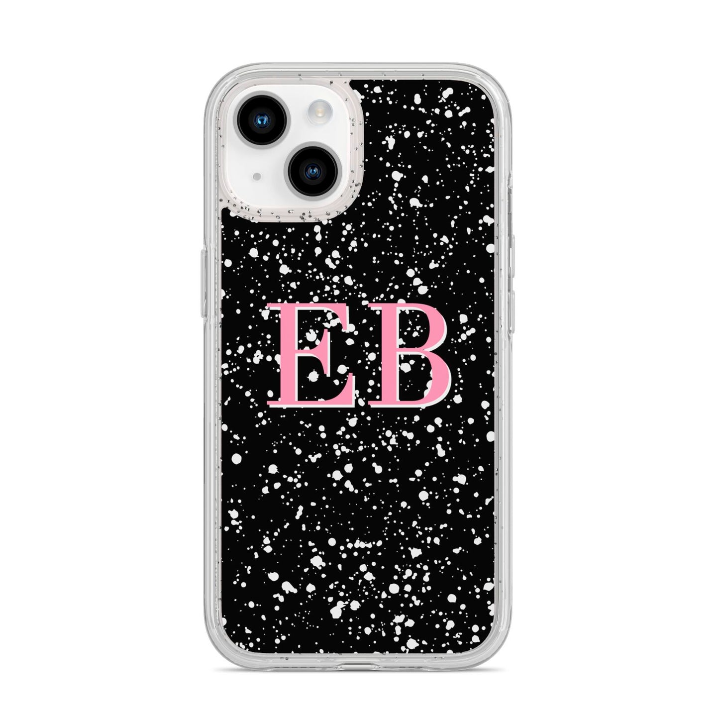 Personalised Black Ink Splat Initials iPhone 14 Glitter Tough Case Starlight