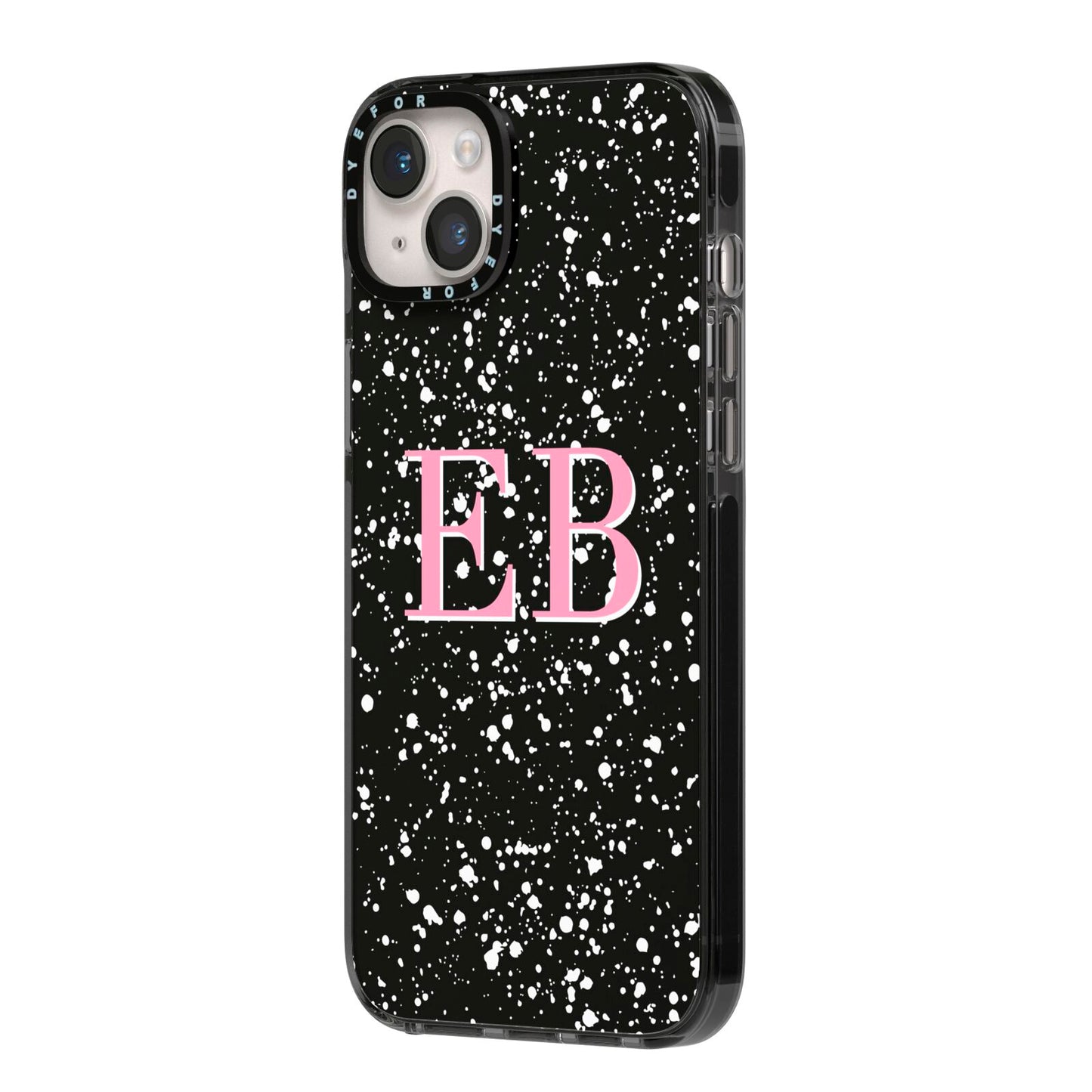 Personalised Black Ink Splat Initials iPhone 14 Plus Black Impact Case Side Angle on Silver phone