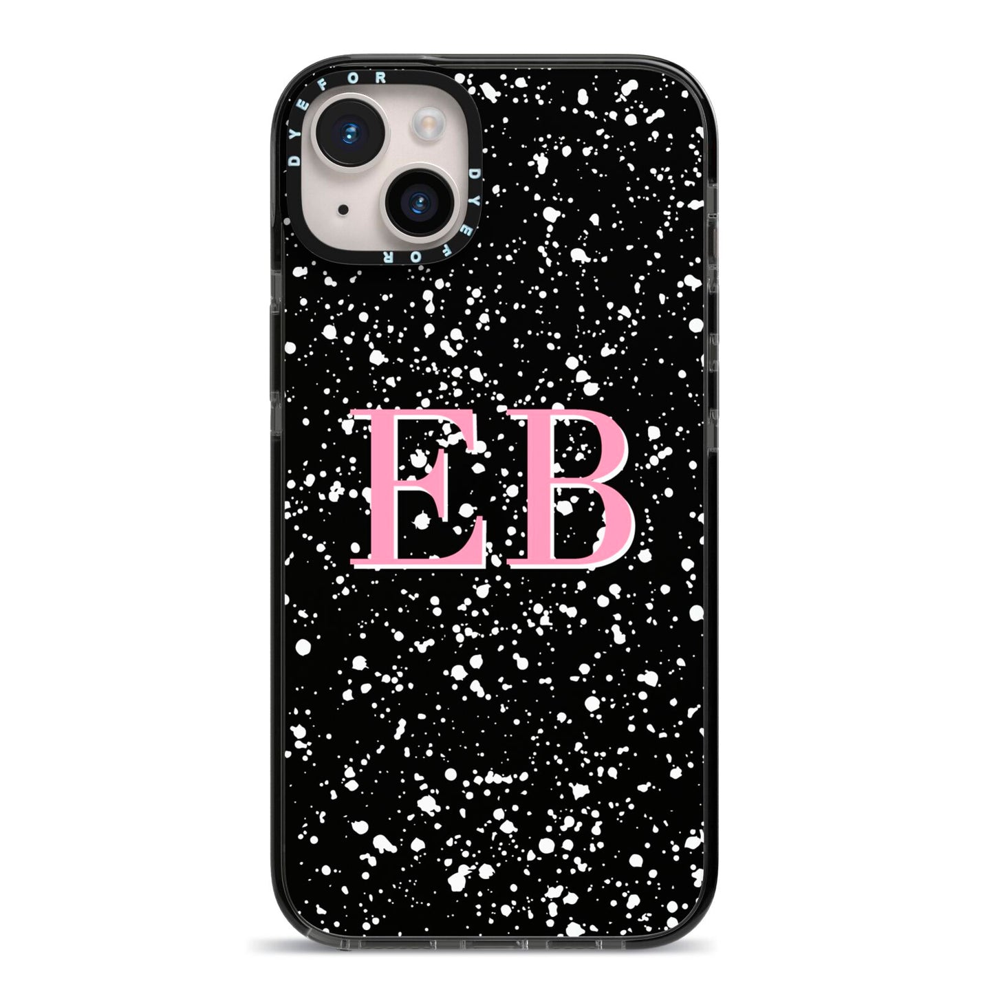 Personalised Black Ink Splat Initials iPhone 14 Plus Black Impact Case on Silver phone