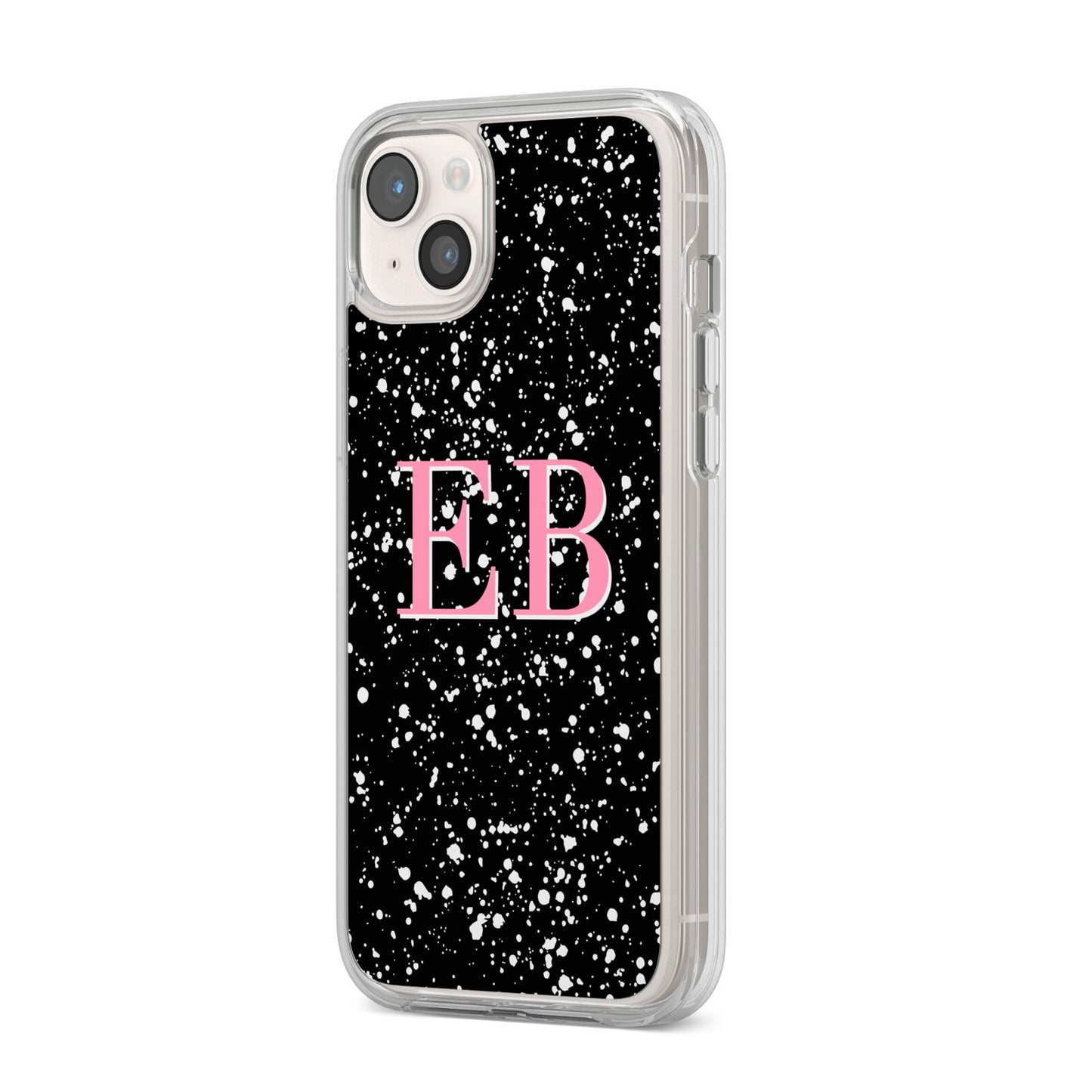 Personalised Black Ink Splat Initials iPhone 14 Plus Clear Tough Case Starlight Angled Image