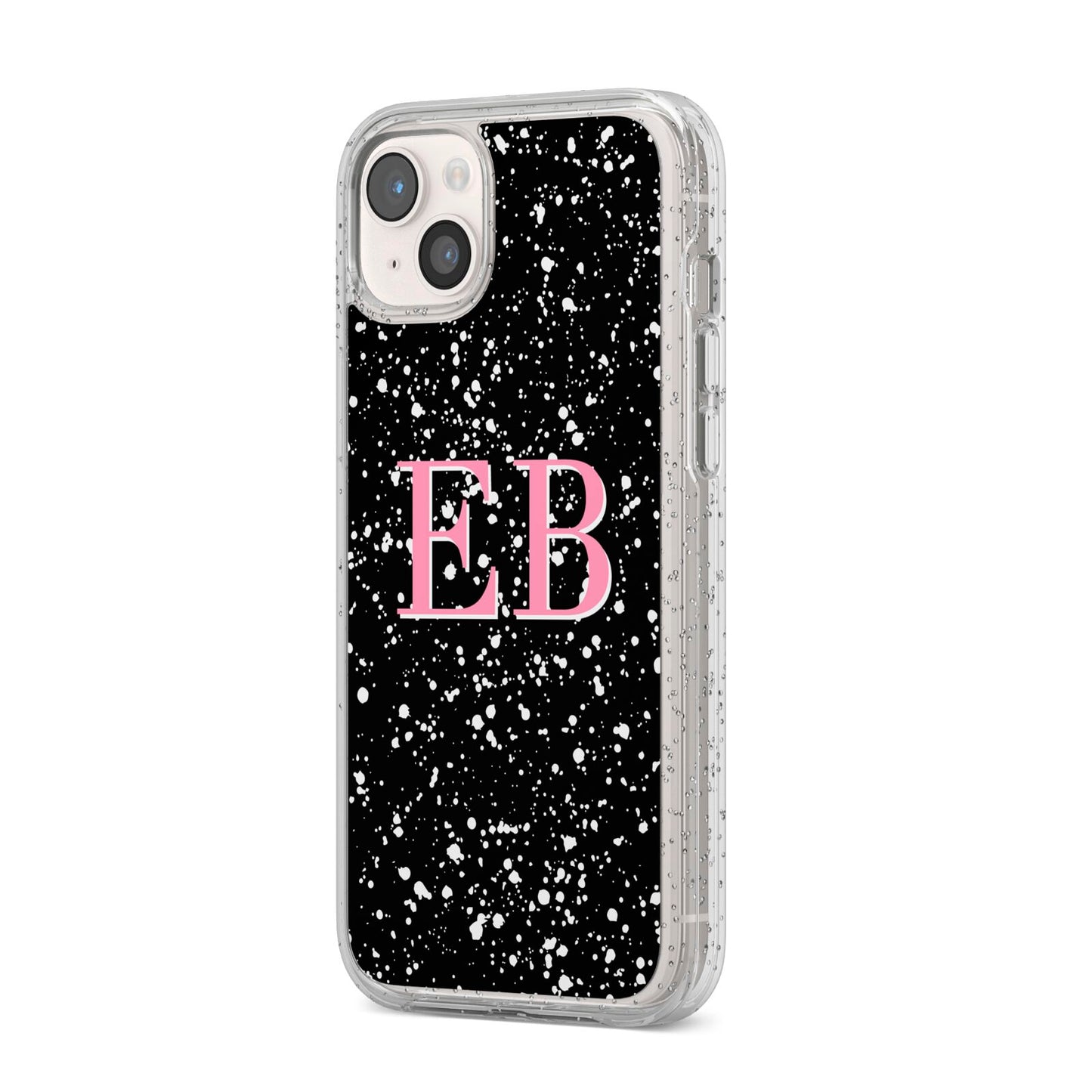 Personalised Black Ink Splat Initials iPhone 14 Plus Glitter Tough Case Starlight Angled Image