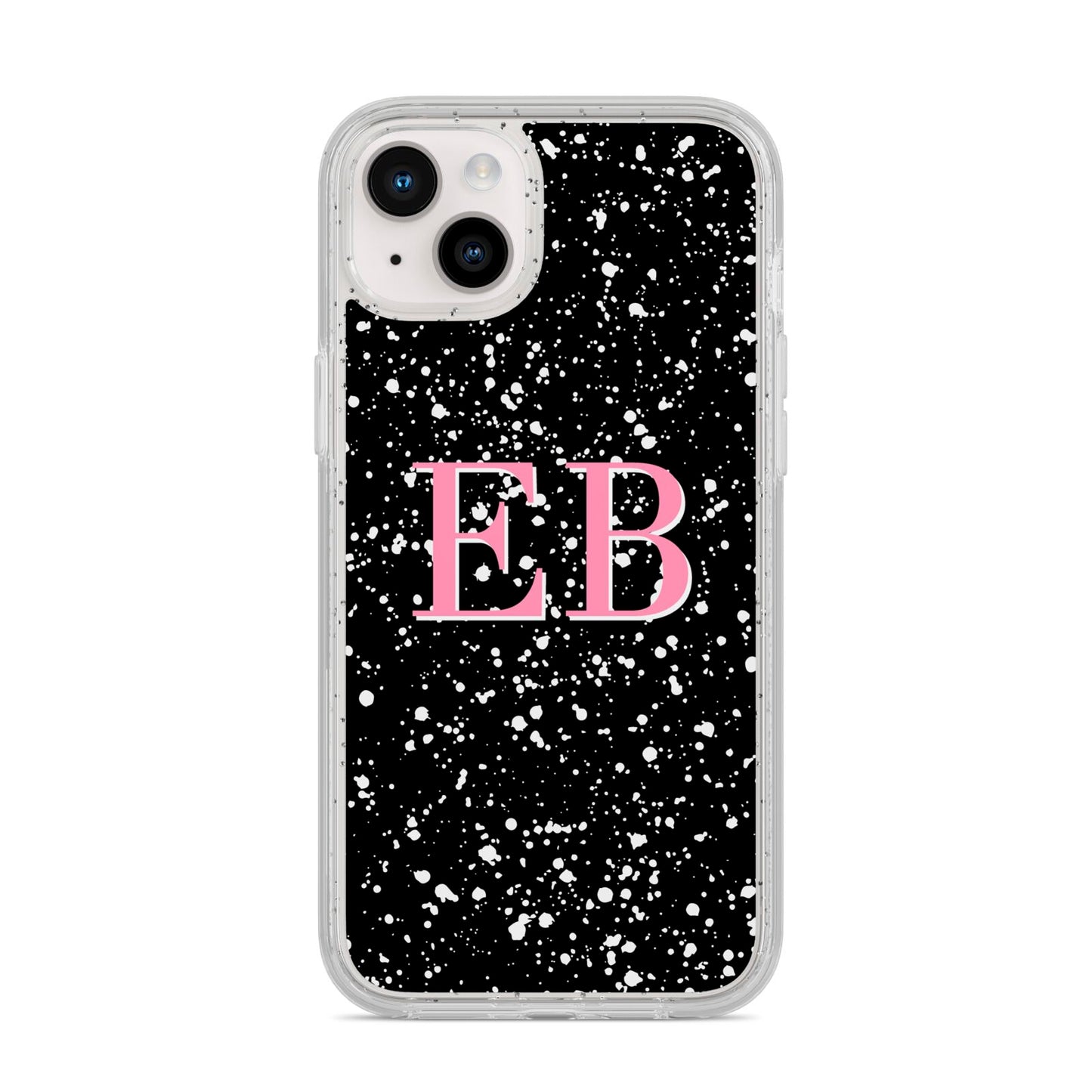 Personalised Black Ink Splat Initials iPhone 14 Plus Glitter Tough Case Starlight