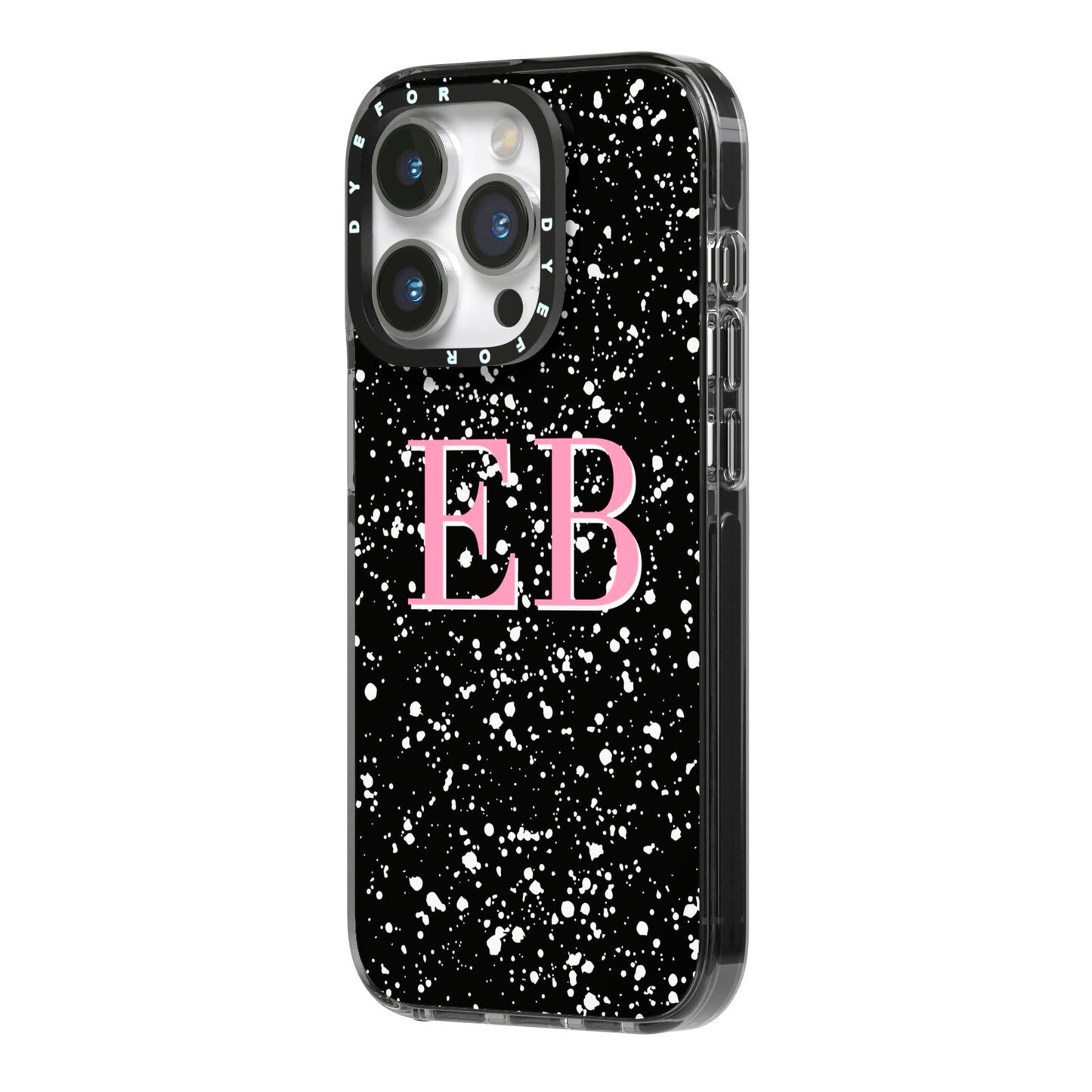 Personalised Black Ink Splat Initials iPhone 14 Pro Black Impact Case Side Angle on Silver phone