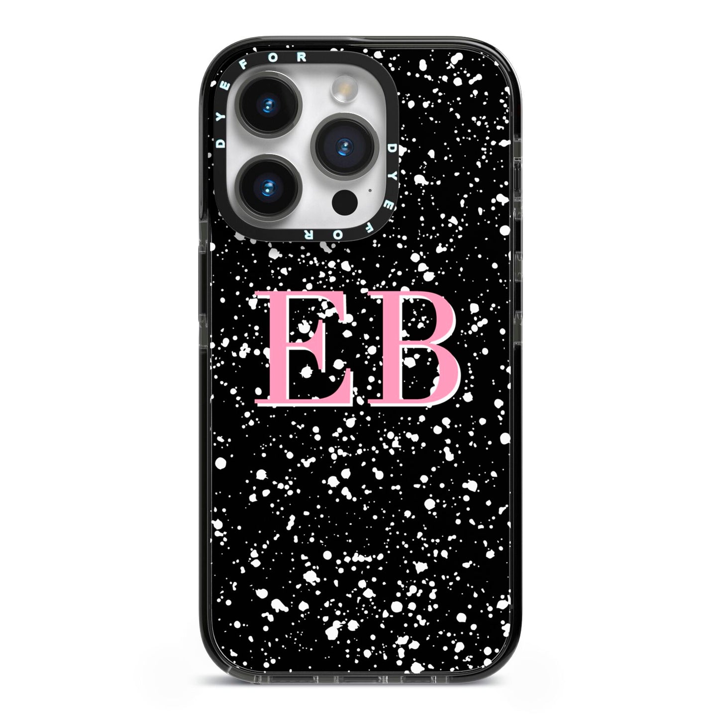 Personalised Black Ink Splat Initials iPhone 14 Pro Black Impact Case on Silver phone