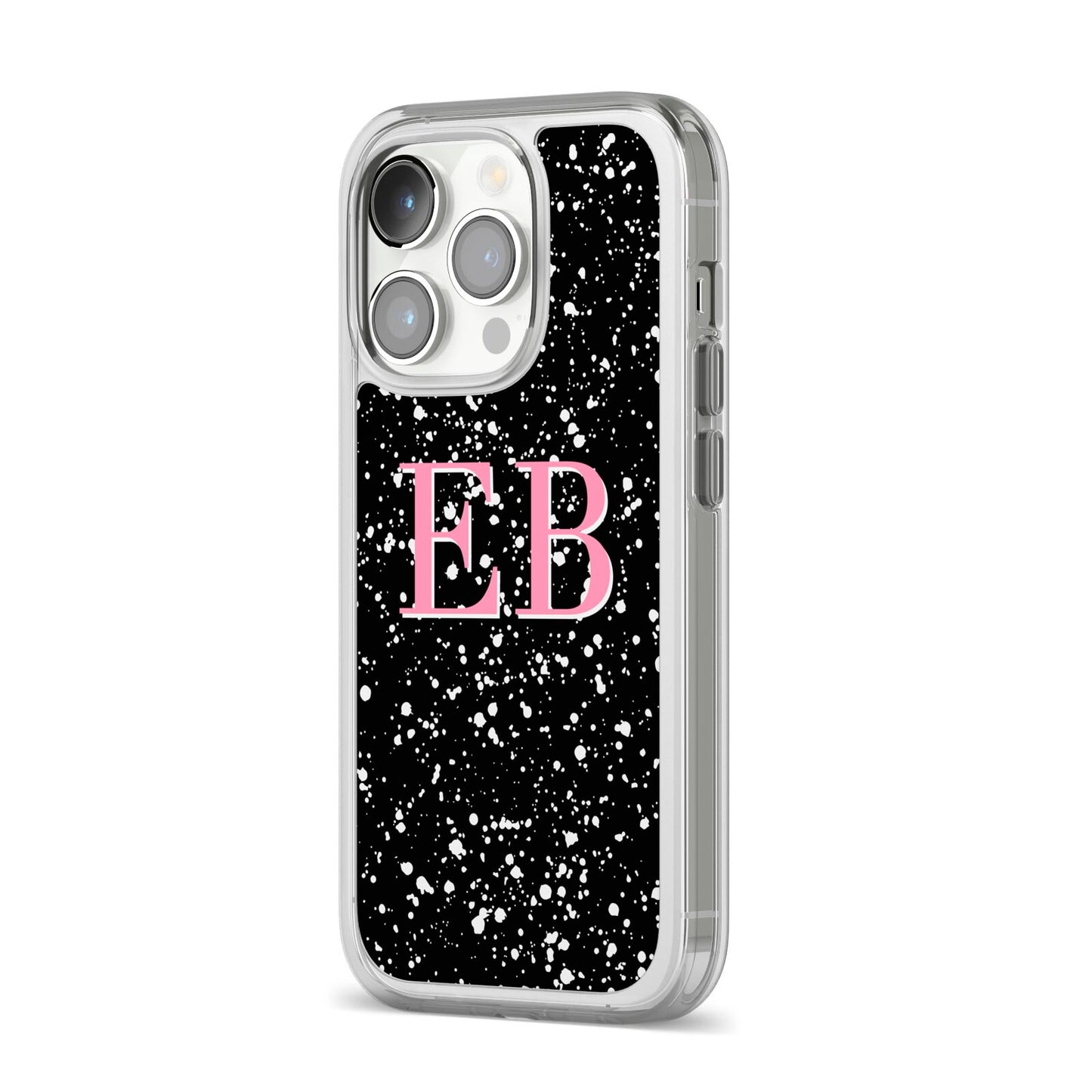 Personalised Black Ink Splat Initials iPhone 14 Pro Clear Tough Case Silver Angled Image