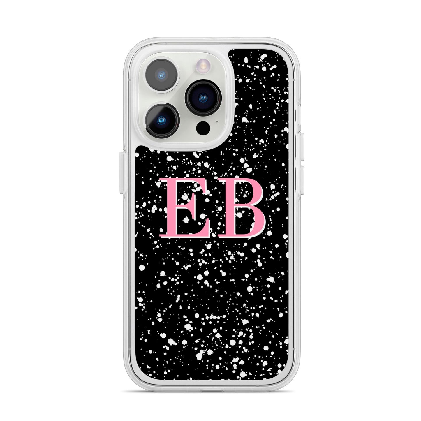 Personalised Black Ink Splat Initials iPhone 14 Pro Clear Tough Case Silver