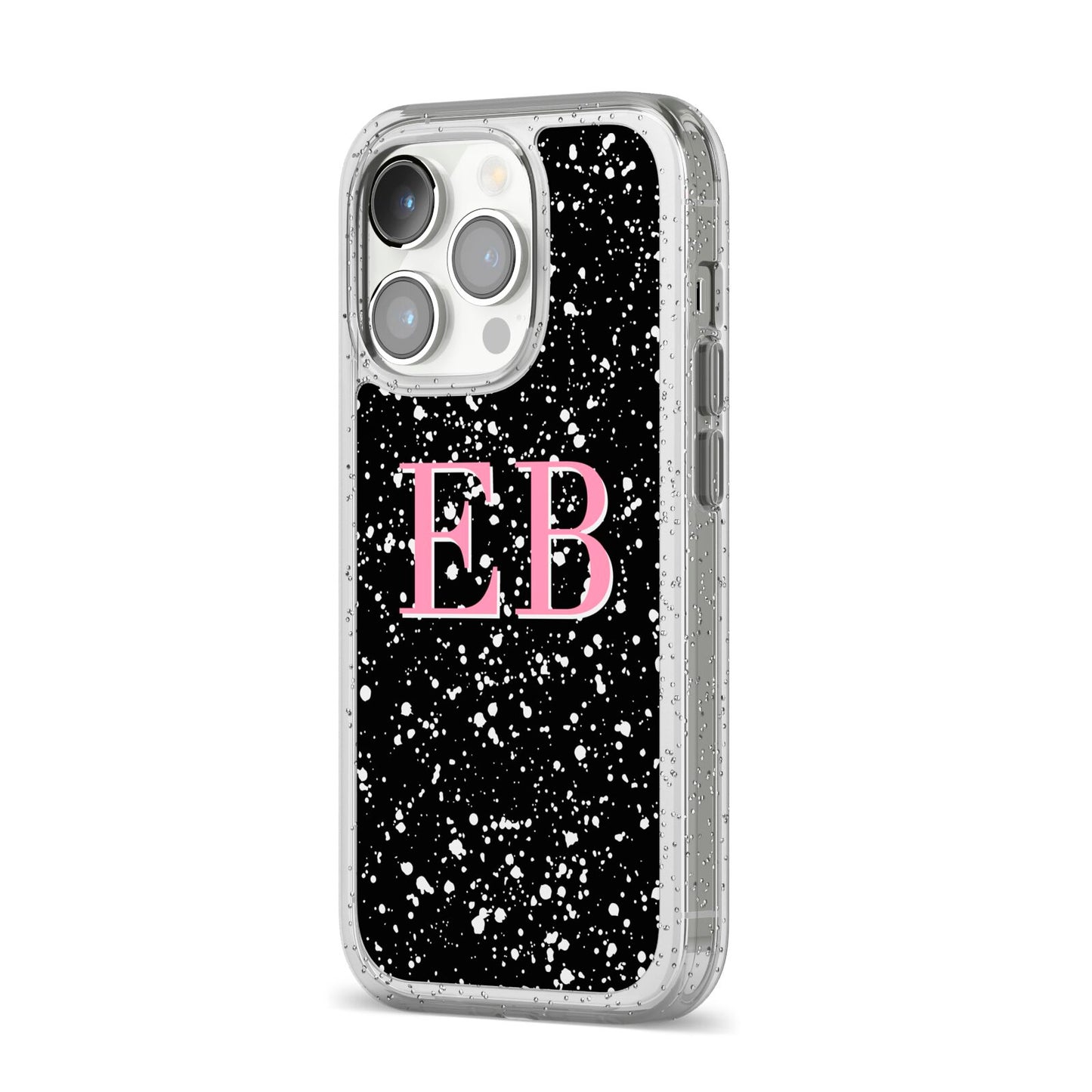 Personalised Black Ink Splat Initials iPhone 14 Pro Glitter Tough Case Silver Angled Image