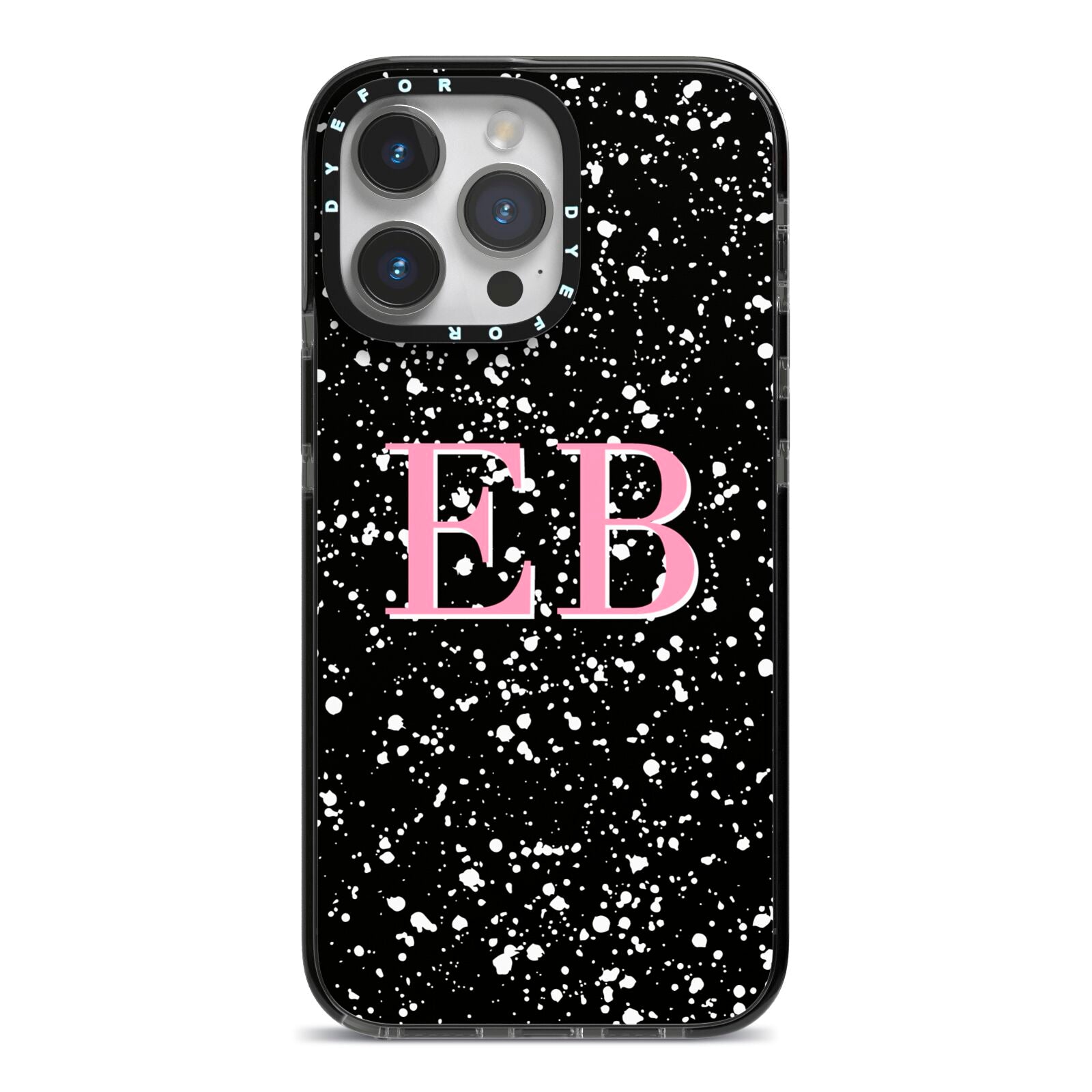 Personalised Black Ink Splat Initials iPhone 14 Pro Max Black Impact Case on Silver phone