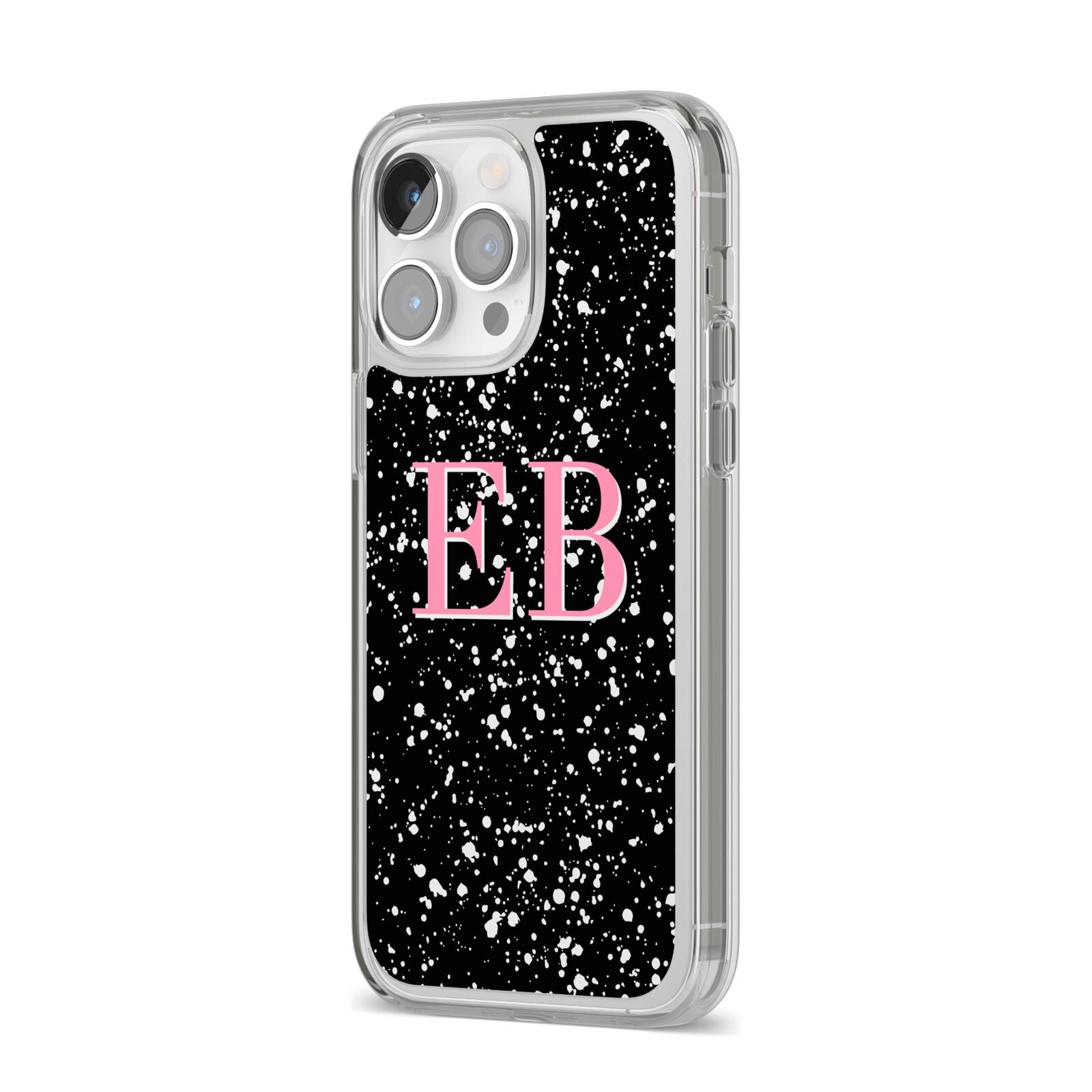 Personalised Black Ink Splat Initials iPhone 14 Pro Max Clear Tough Case Silver Angled Image