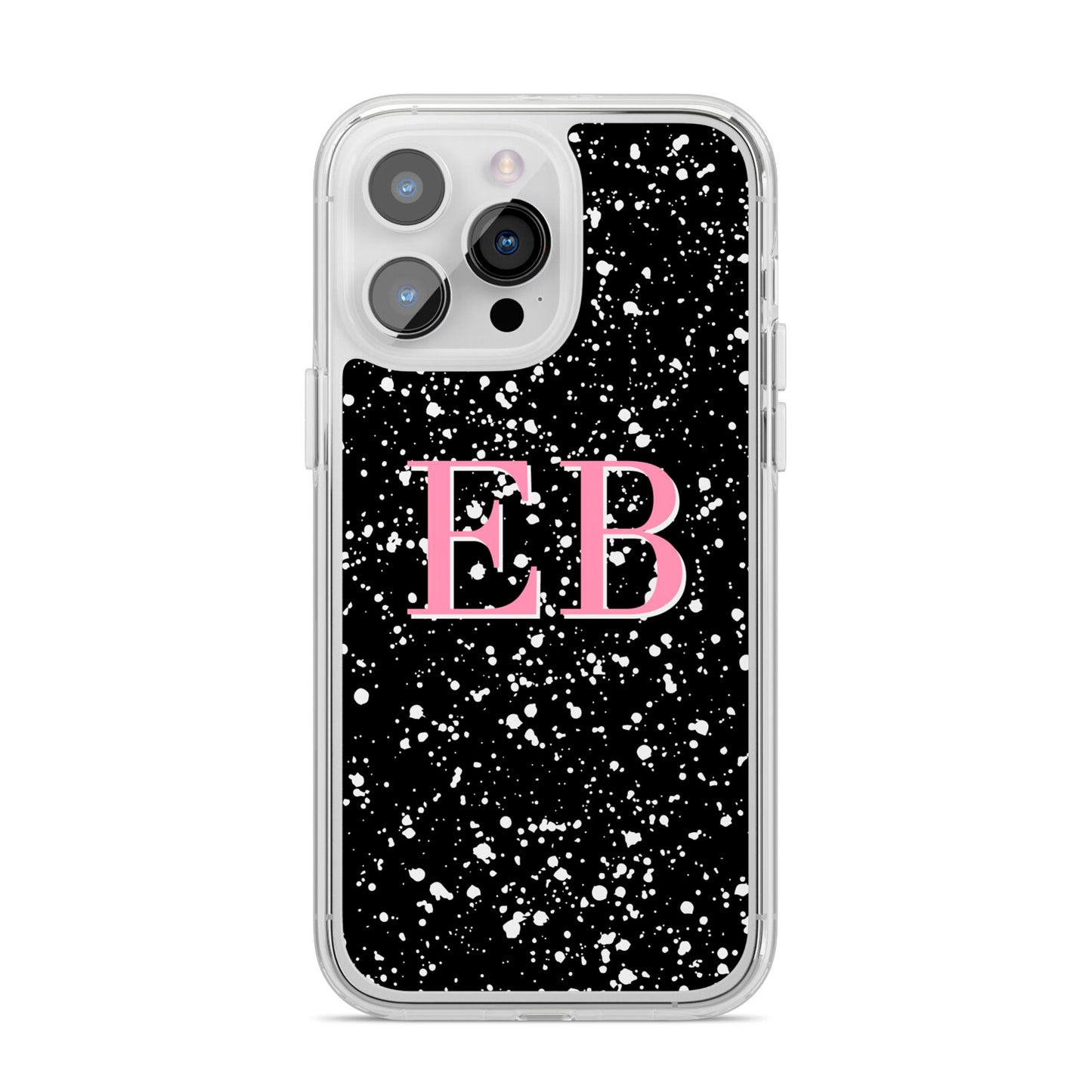 Personalised Black Ink Splat Initials iPhone 14 Pro Max Clear Tough Case Silver