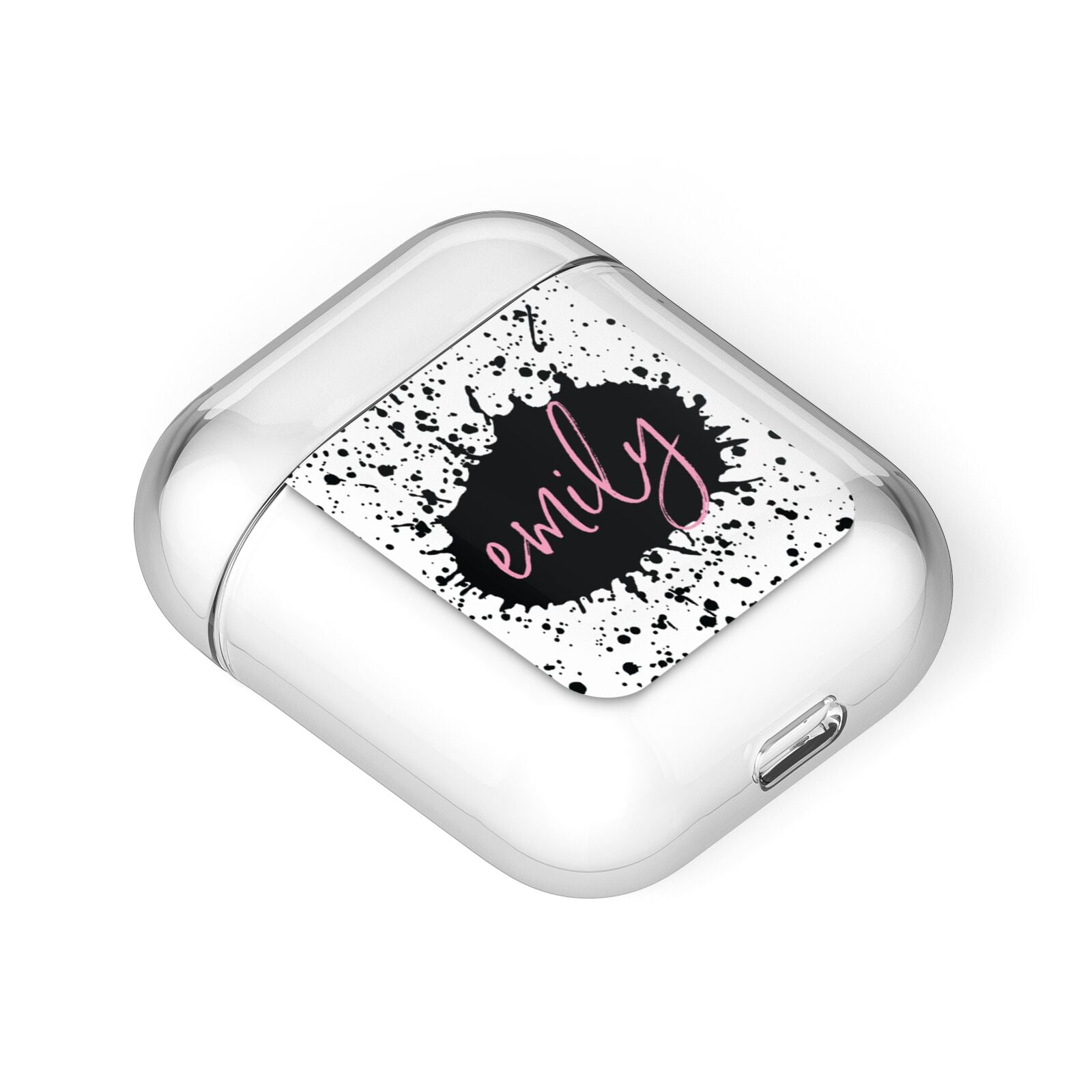 Personalised Black Ink Splat Name AirPods Case Laid Flat