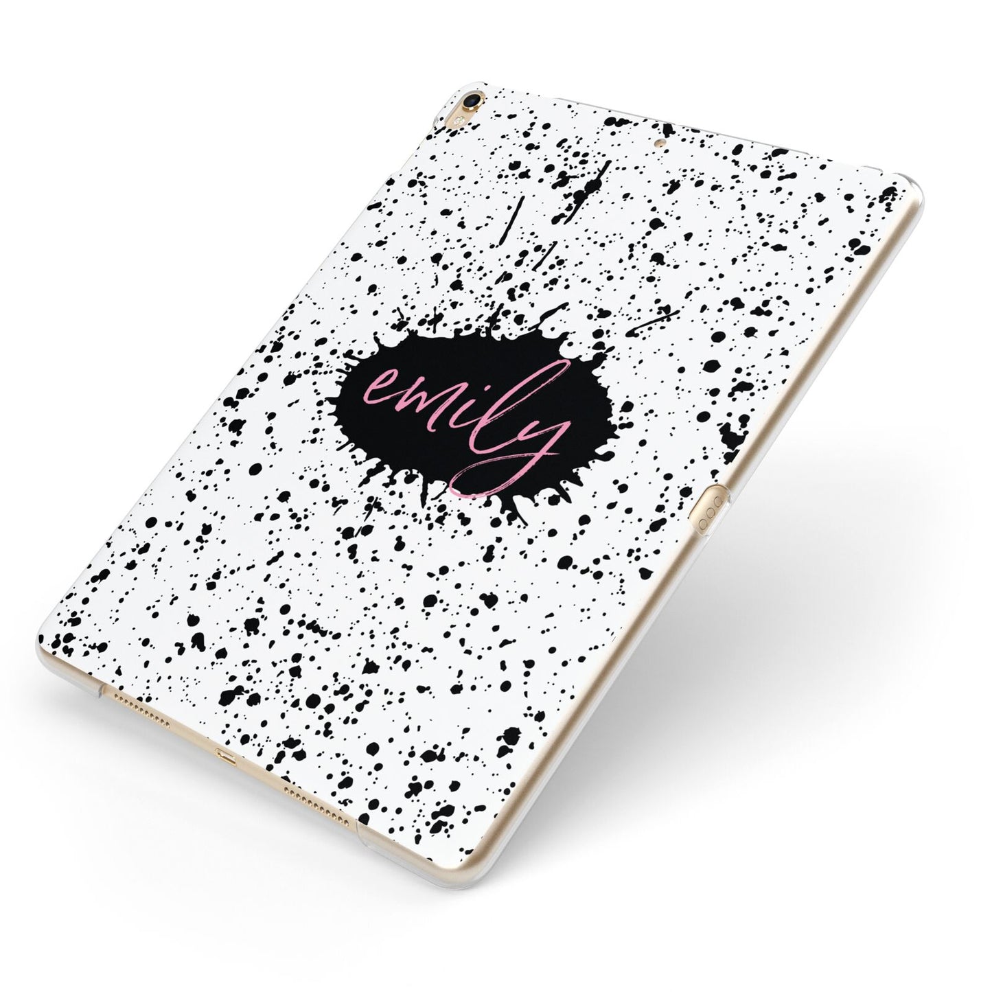 Personalised Black Ink Splat Name Apple iPad Case on Gold iPad Side View