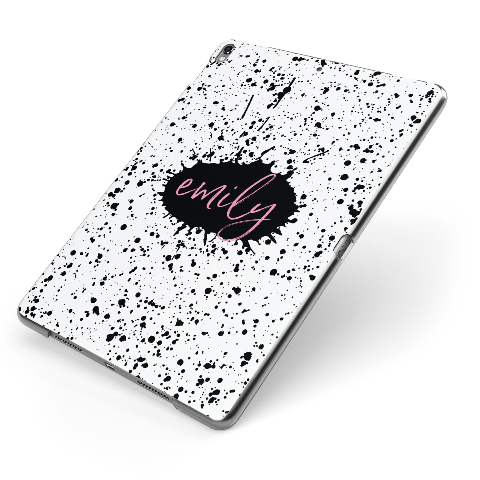 Personalised Black Ink Splat Name Apple iPad Case on Grey iPad Side View