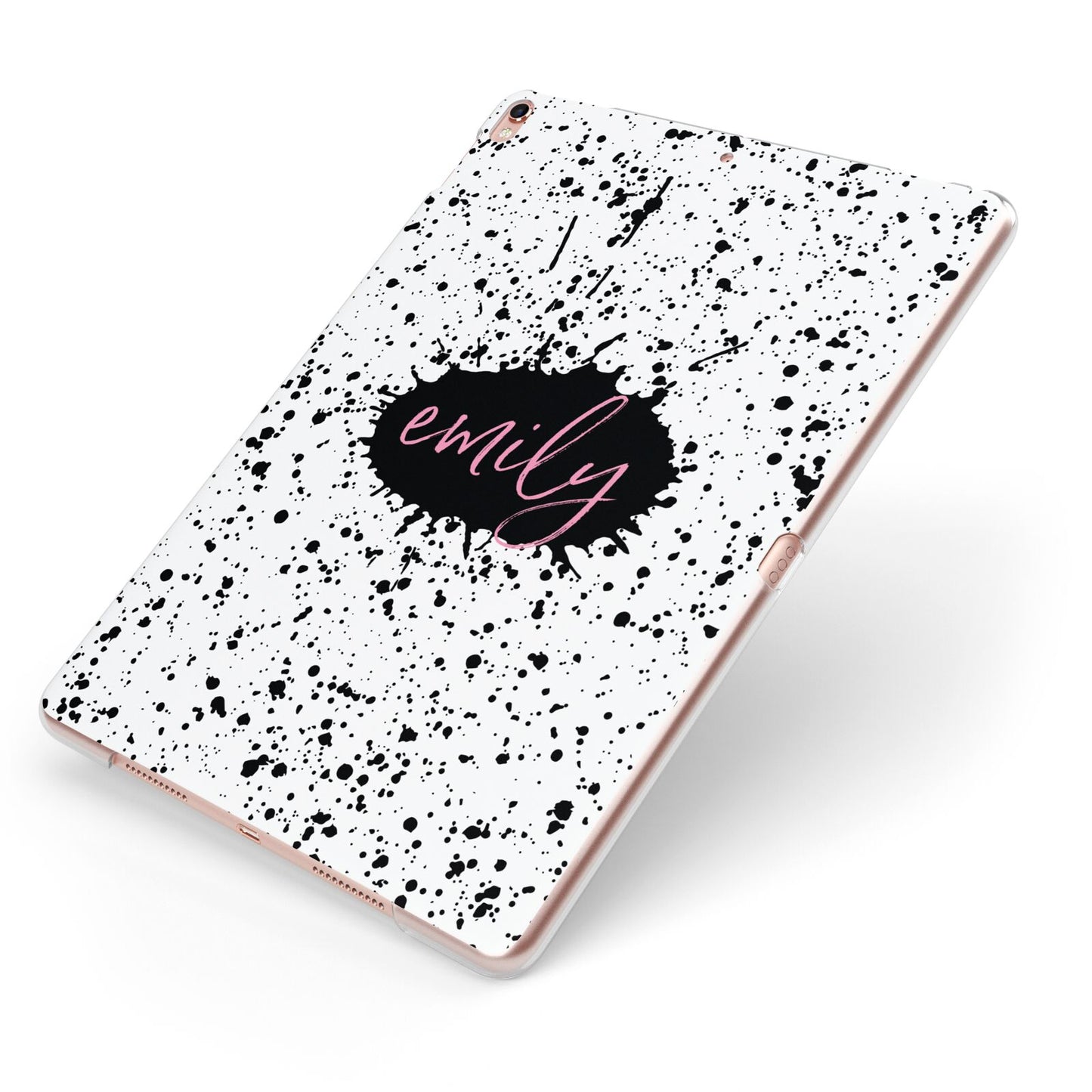 Personalised Black Ink Splat Name Apple iPad Case on Rose Gold iPad Side View