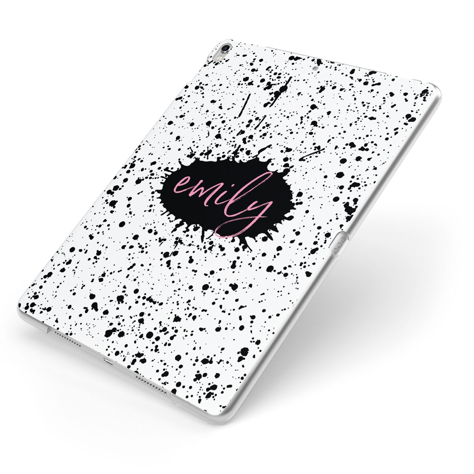 Personalised Black Ink Splat Name Apple iPad Case on Silver iPad Side View