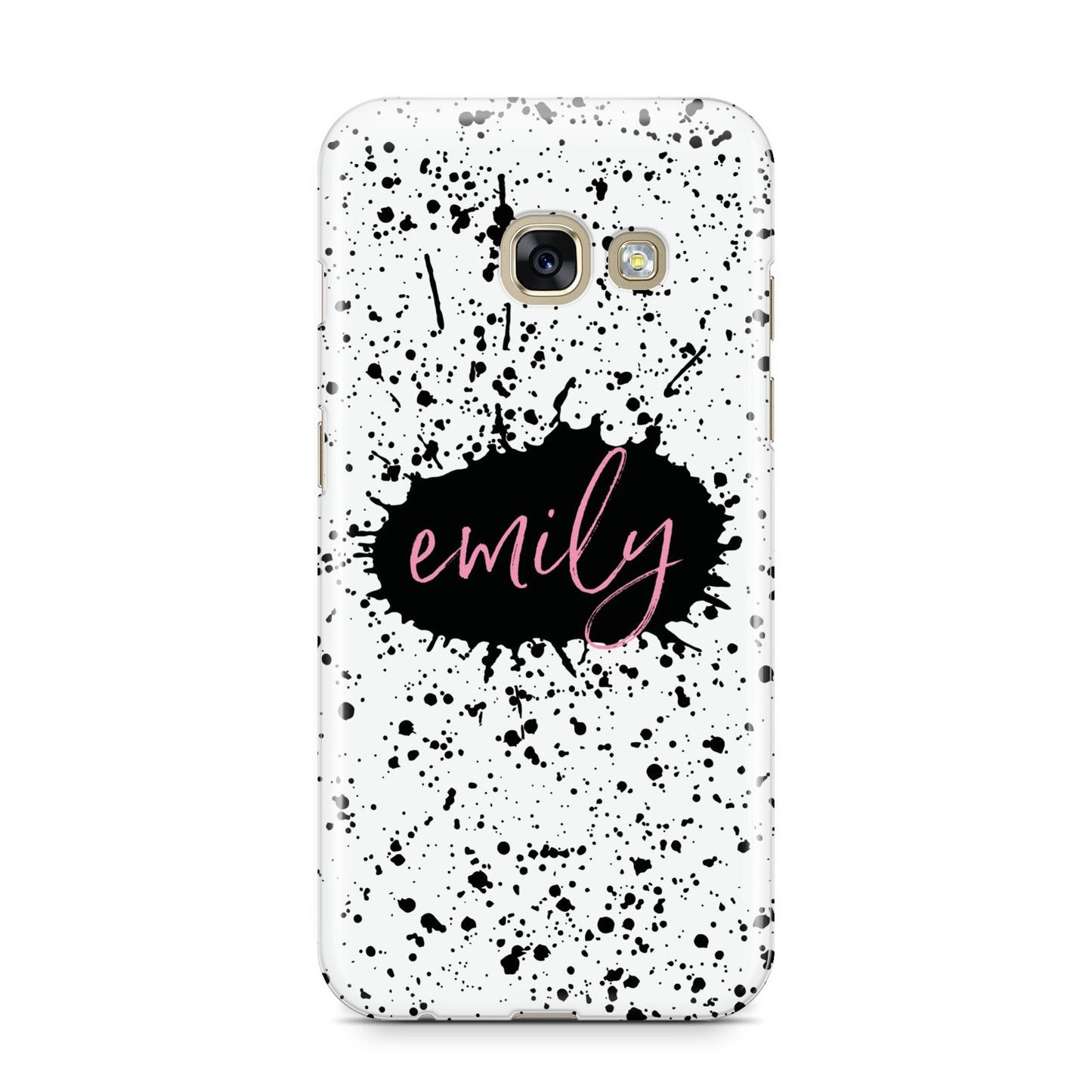 Personalised Black Ink Splat Name Samsung Galaxy A3 2017 Case on gold phone