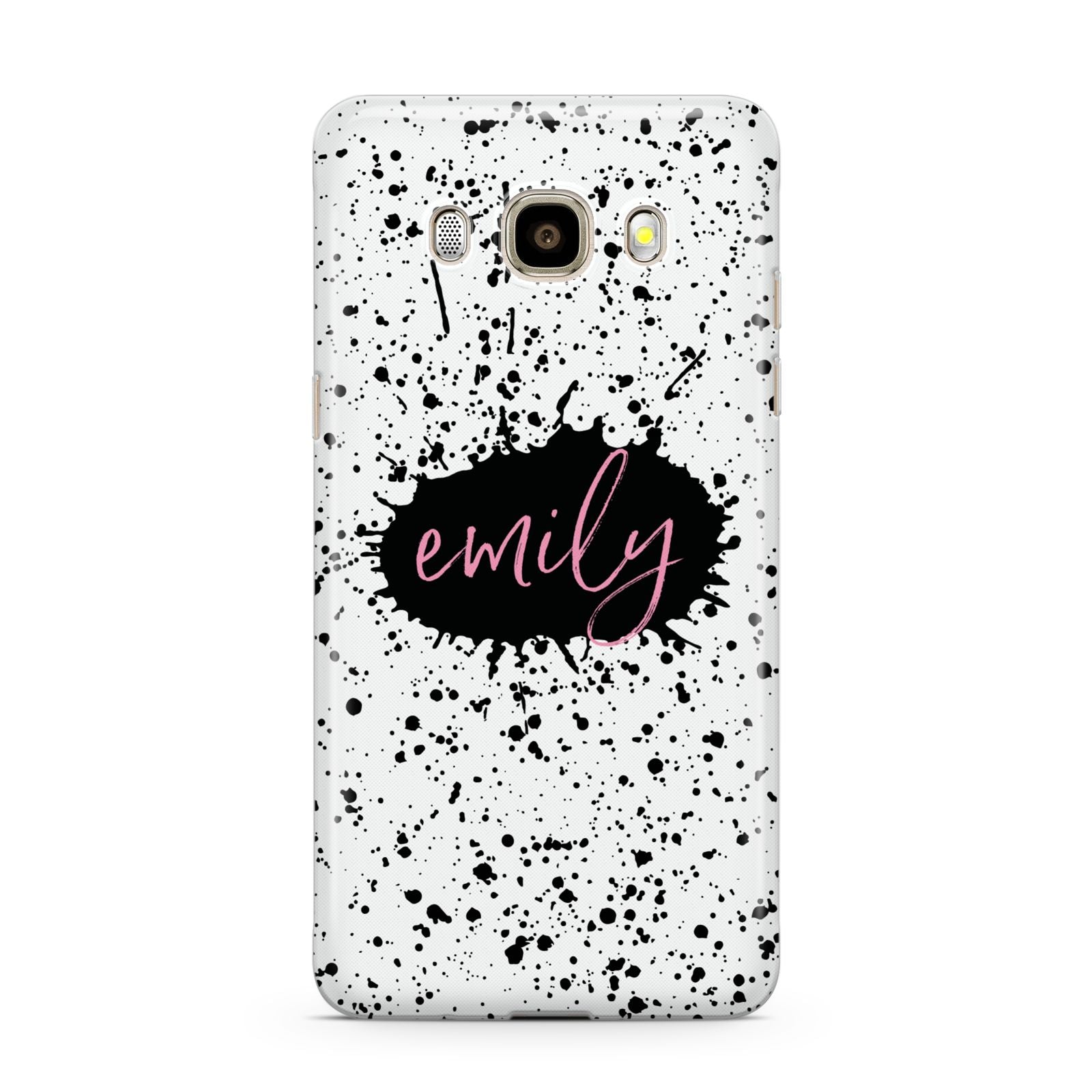 Personalised Black Ink Splat Name Samsung Galaxy J7 2016 Case on gold phone