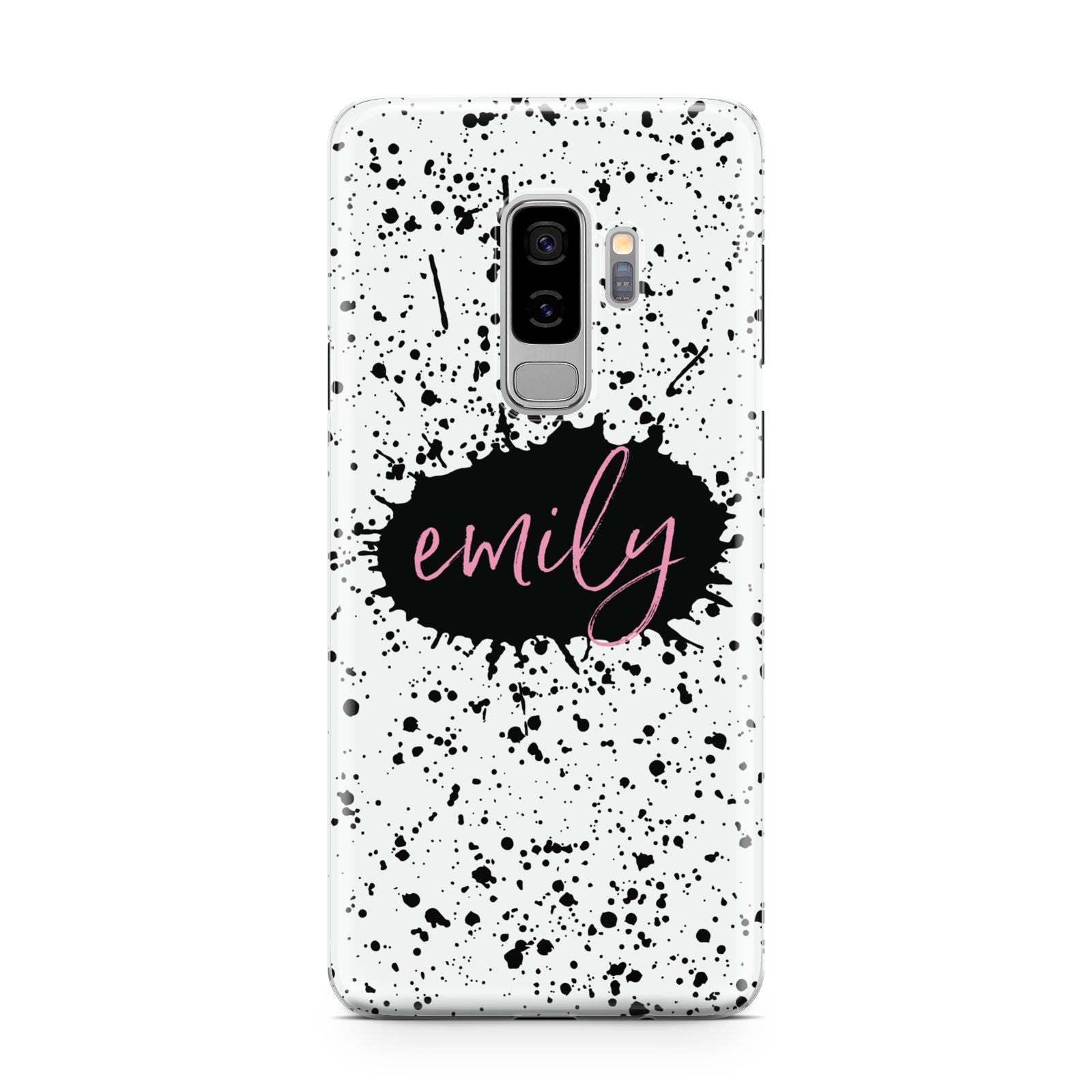 Personalised Black Ink Splat Name Samsung Galaxy S9 Plus Case on Silver phone