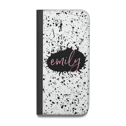 Personalised Black Ink Splat Name Vegan Leather Flip iPhone Case